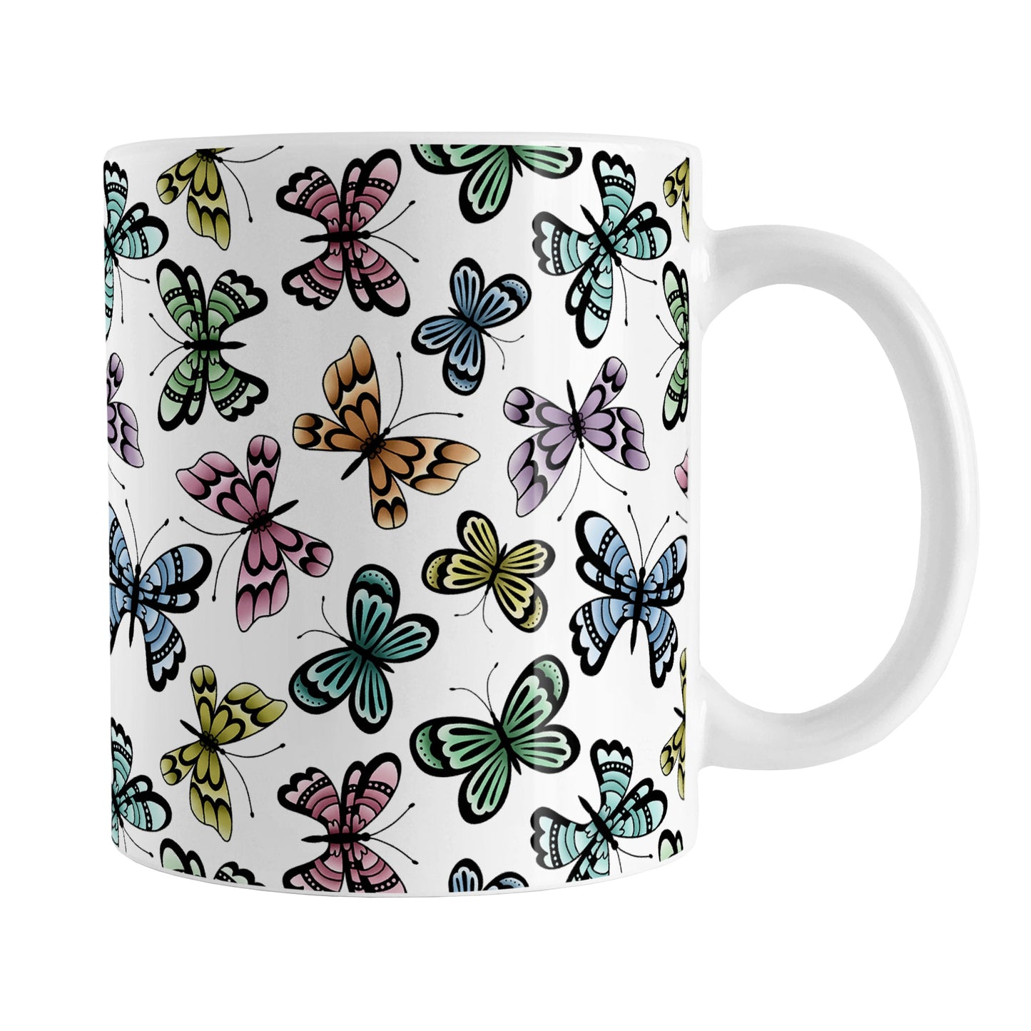 Pretty Butterfly Pattern Mug (11oz) at Amy's Coffee Mugs. A ceramic coffee mug designed with pretty and colorful butterflies in a pattern that wraps around the mug to the handle. This mug is perfect for people who love butterflies and colorful nature designs.