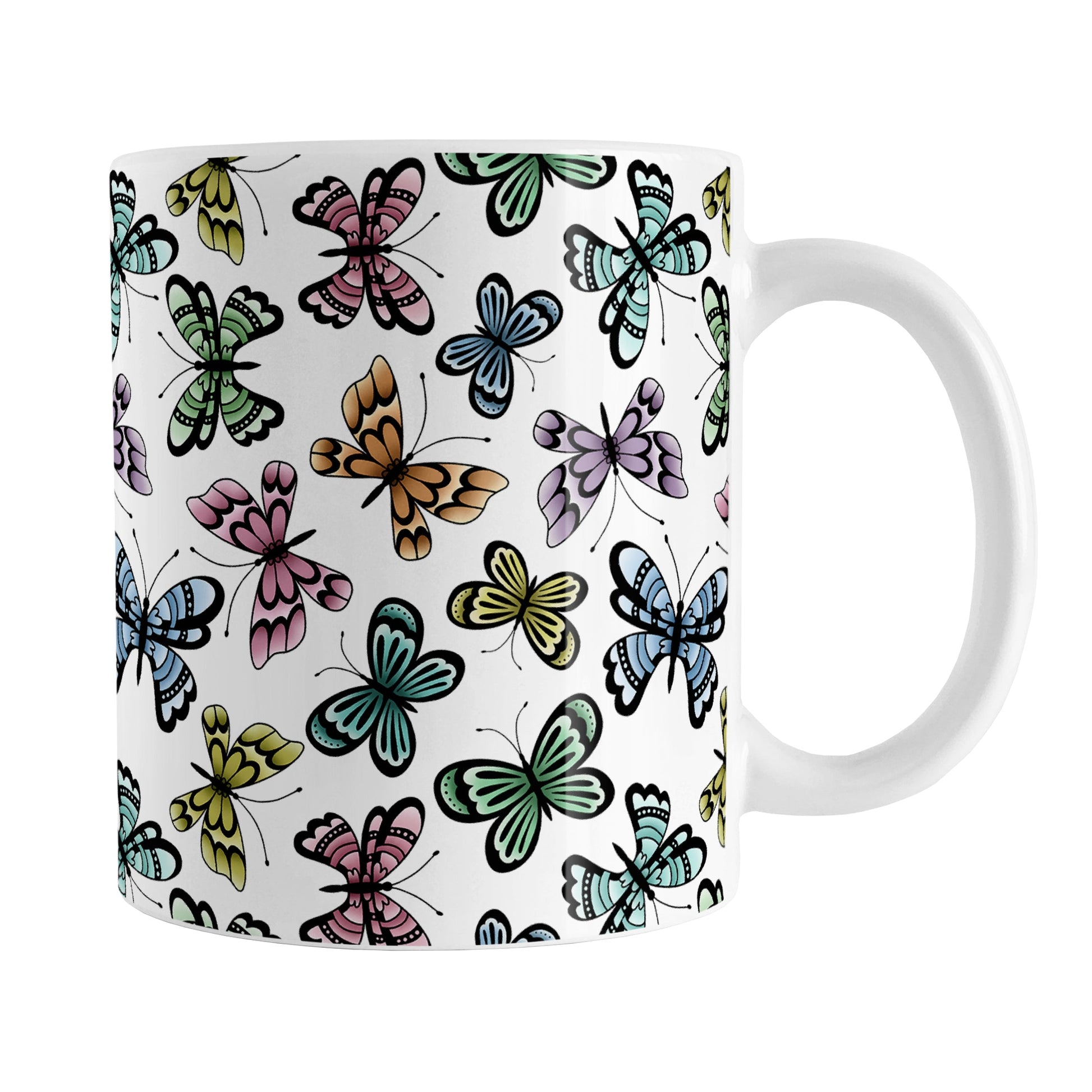 Pretty Butterfly Pattern Mug (11oz) at Amy's Coffee Mugs. A ceramic coffee mug designed with pretty and colorful butterflies in a pattern that wraps around the mug to the handle. This mug is perfect for people who love butterflies and colorful nature designs.