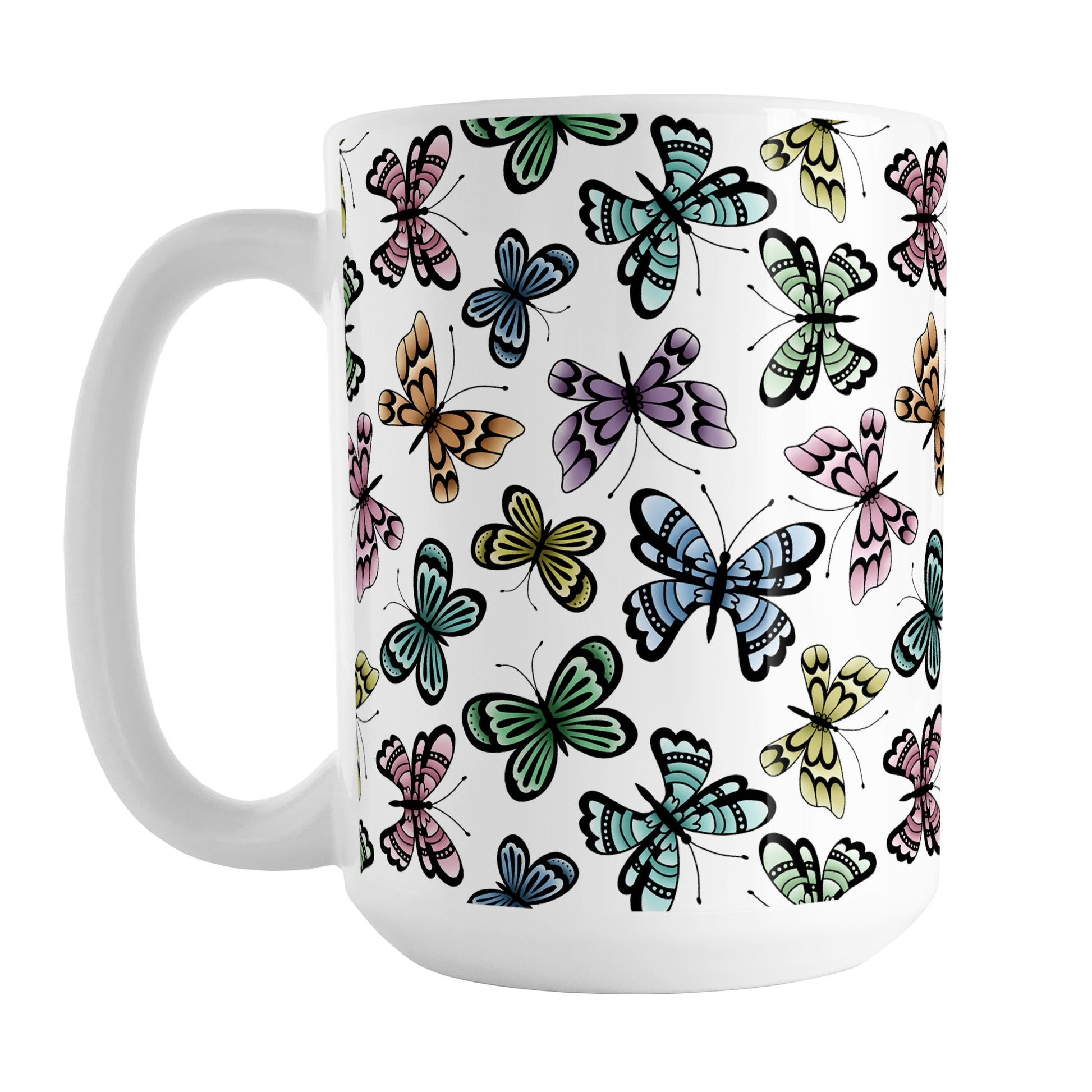 Pretty Butterfly Pattern Mug (15oz) at Amy's Coffee Mugs. A ceramic coffee mug designed with pretty and colorful butterflies in a pattern that wraps around the mug to the handle. This mug is perfect for people who love butterflies and colorful nature designs.