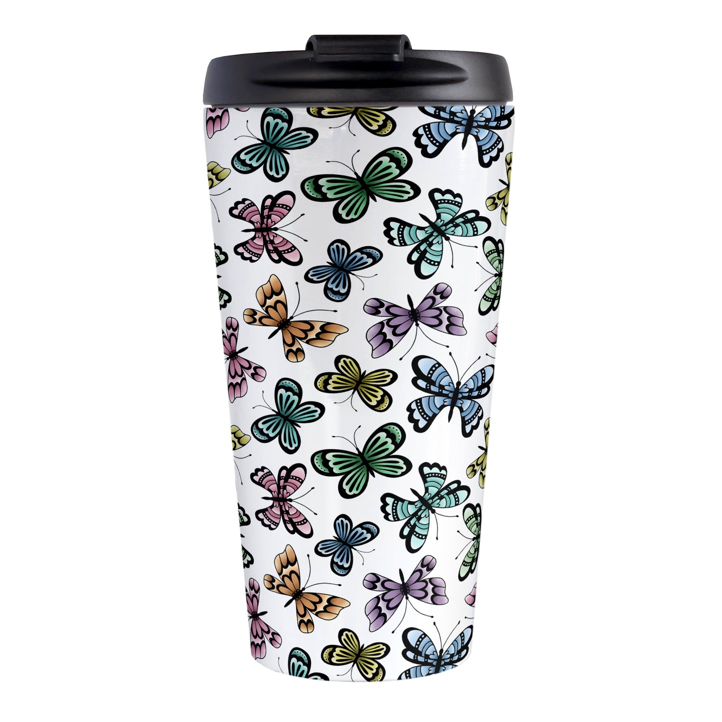Pretty Butterfly Pattern Travel Mug (15oz) at Amy's Coffee Mugs. A stainless steel travel mug designed with pretty and colorful butterflies in a pattern that wraps around the mug. This travel mug is perfect for people who love butterflies and colorful nature designs.
