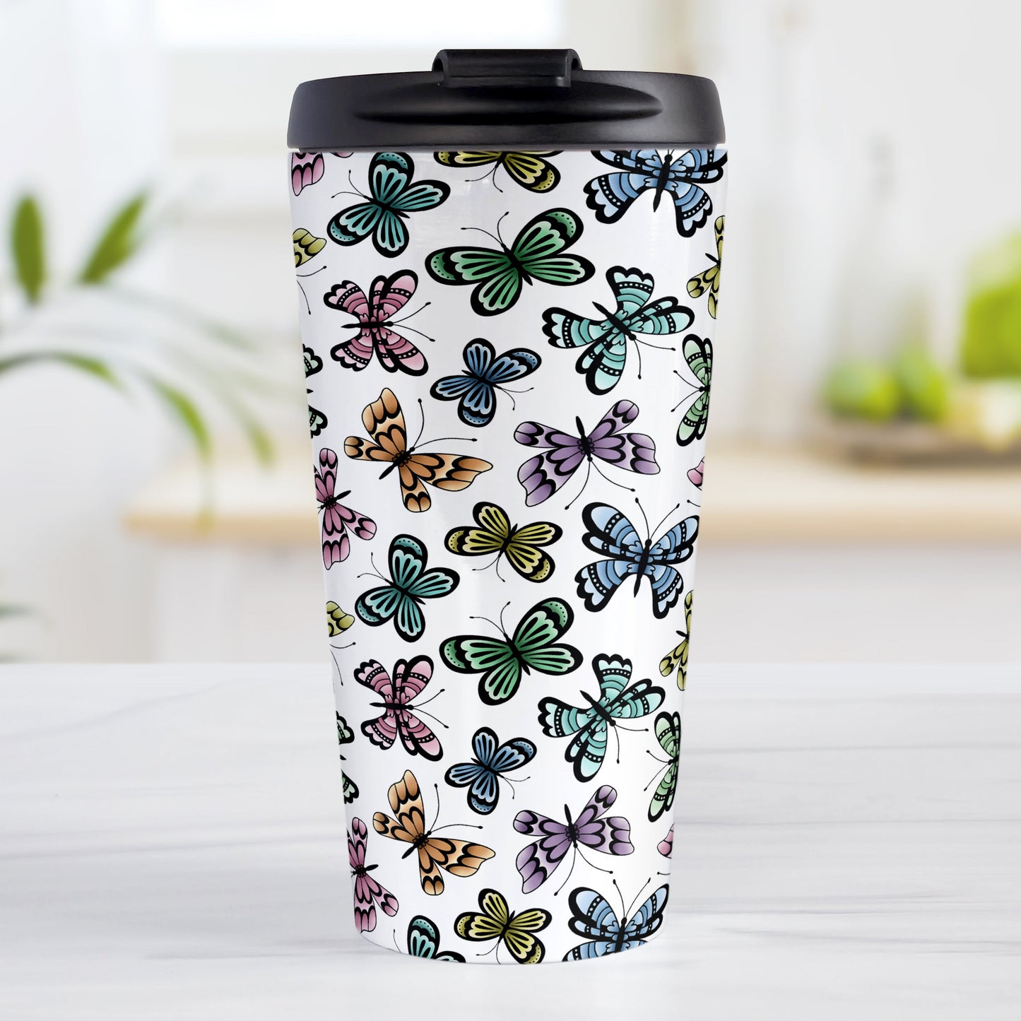 Pretty Butterfly Pattern Travel Mug (15oz) at Amy's Coffee Mugs. A stainless steel travel mug designed with pretty and colorful butterflies in a pattern that wraps around the mug. This travel mug is perfect for people who love butterflies and colorful nature designs.