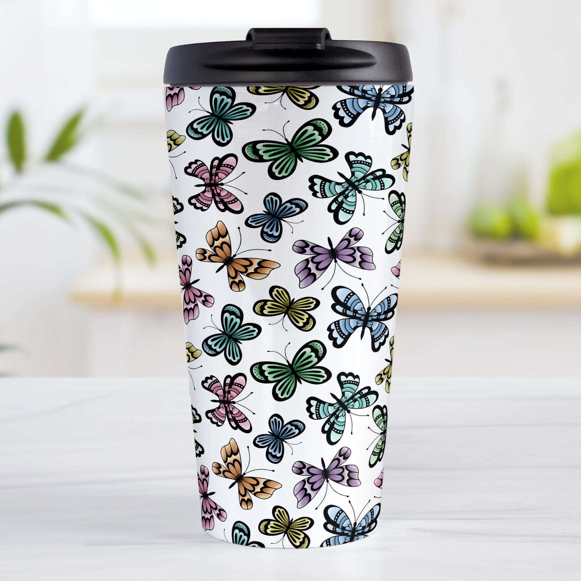 Pretty Butterfly Pattern Travel Mug (15oz) at Amy's Coffee Mugs. A stainless steel travel mug designed with pretty and colorful butterflies in a pattern that wraps around the mug. This travel mug is perfect for people who love butterflies and colorful nature designs.