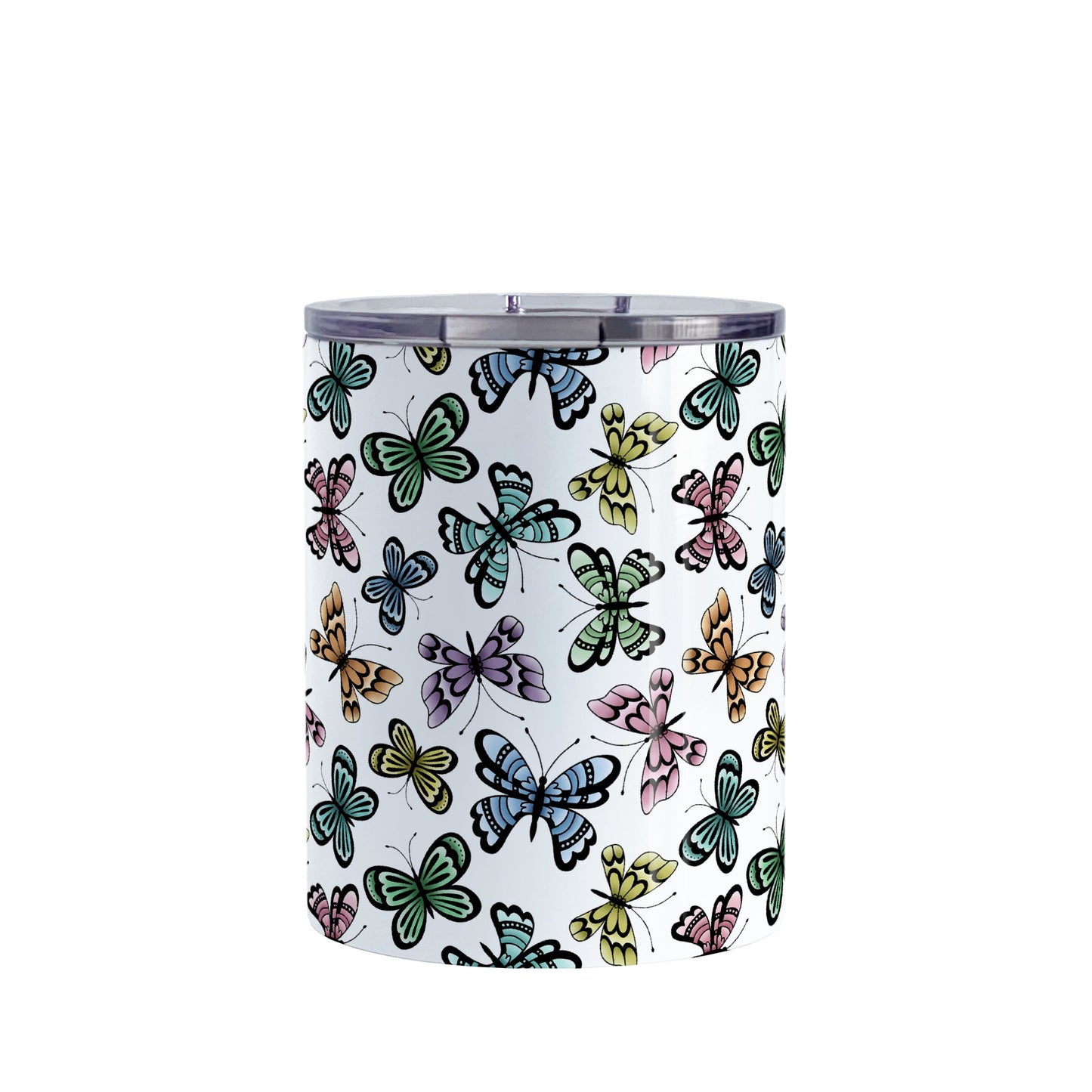 Pretty Butterfly Pattern Tumbler Cup (10oz) at Amy's Coffee Mugs. A stainless steel tumbler cup designed with pretty and colorful butterflies in a pattern that wraps around the cup. This tumbler cup is perfect for people who love butterflies and colorful nature designs.
