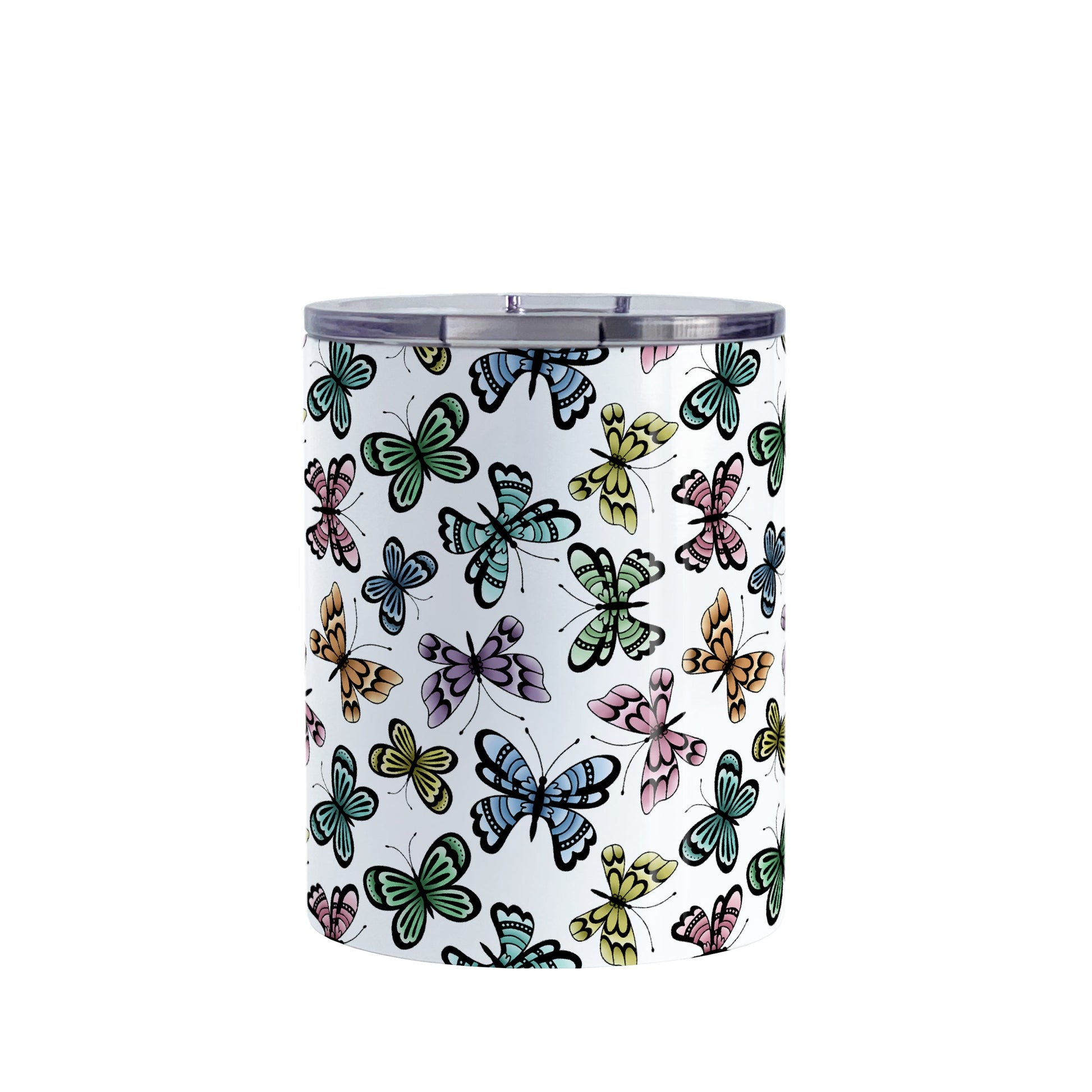 Pretty Butterfly Pattern Tumbler Cup (10oz) at Amy's Coffee Mugs. A stainless steel tumbler cup designed with pretty and colorful butterflies in a pattern that wraps around the cup. This tumbler cup is perfect for people who love butterflies and colorful nature designs.