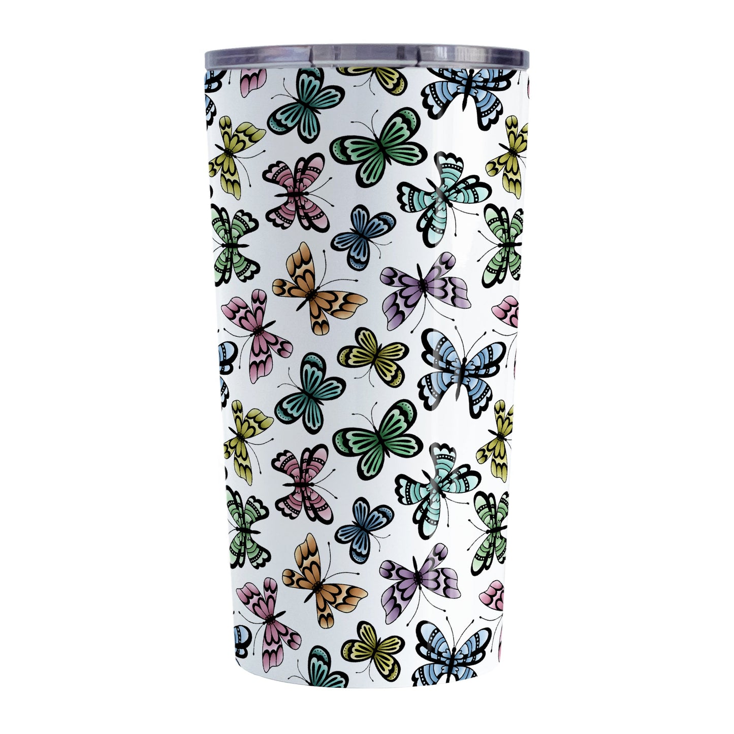 Pretty Butterfly Pattern Tumbler Cup (20oz) at Amy's Coffee Mugs. A stainless steel tumbler cup designed with pretty and colorful butterflies in a pattern that wraps around the cup. This tumbler cup is perfect for people who love butterflies and colorful nature designs.