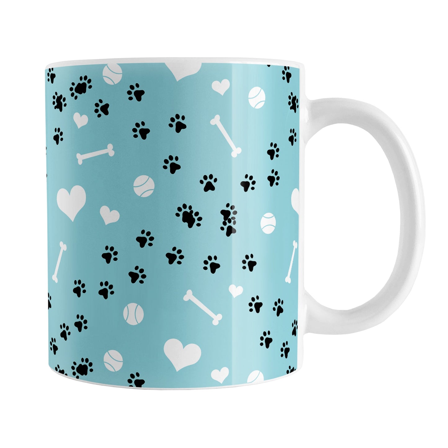 Puppy Run Blue Dog Mug (11oz) at Amy's Coffee Mugs. A ceramic coffee mug designed with a pattern of chaotic tracks of puppy paw prints running around the mug with white dog bones, balls, and hearts over a light blue background. This mug is perfect for people who love the chaotic play of puppies, love dogs, and like blue mugs.