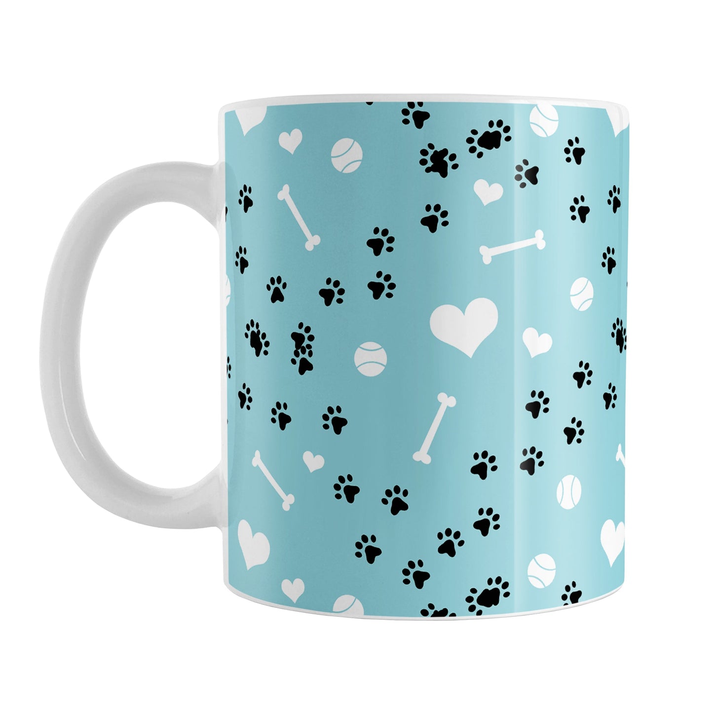 Puppy Run Blue Dog Mug (11oz) at Amy's Coffee Mugs. A ceramic coffee mug designed with a pattern of chaotic tracks of puppy paw prints running around the mug with white dog bones, balls, and hearts over a light blue background. This mug is perfect for people who love the chaotic play of puppies, love dogs, and like blue mugs.