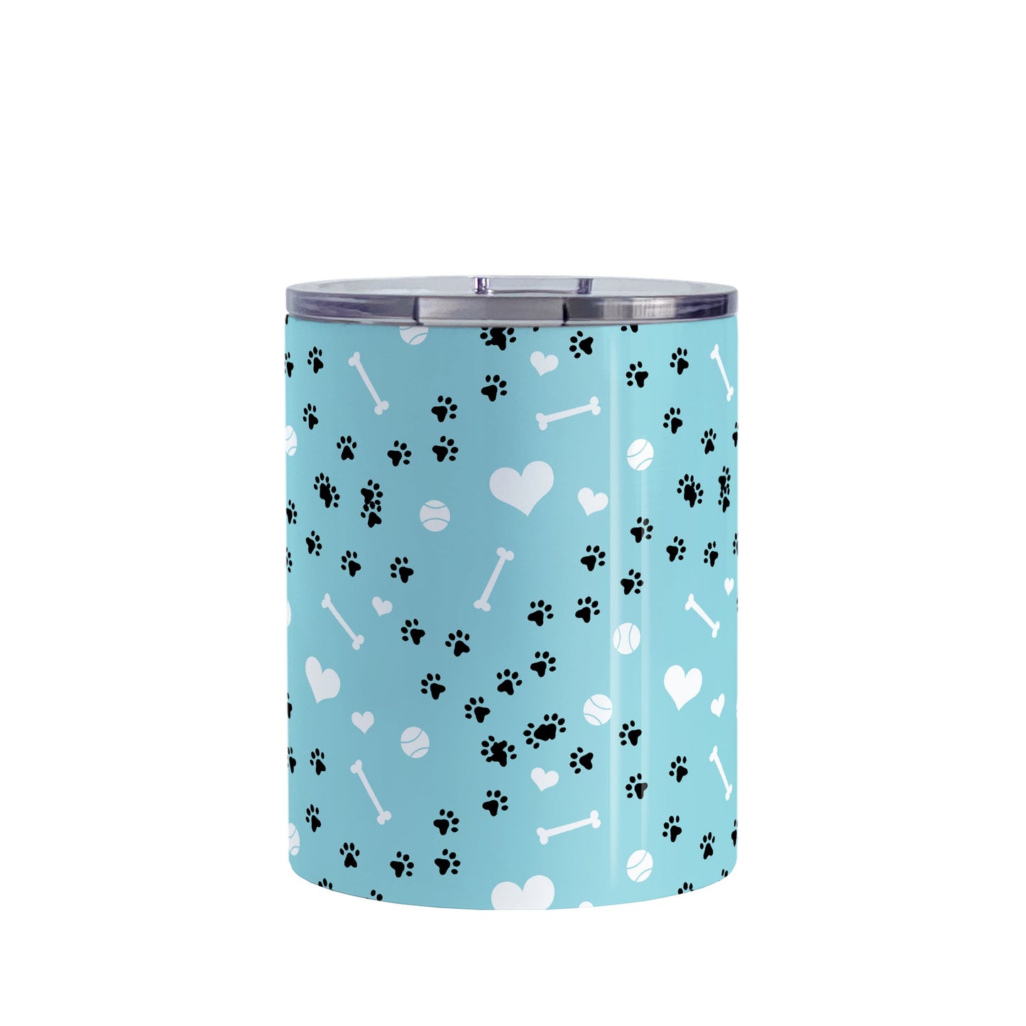 Puppy Run Blue Dog Tumbler Cup (10oz) at Amy's Coffee Mugs. A stainless steel insulated tumbler cup designed with a pattern of chaotic tracks of puppy paw prints running around the cup with white dog bones, playing balls, and hearts over a light blue background that wraps around the cup. This cup is perfect for people who love puppy dogs, cute paw print designs, and the color blue.