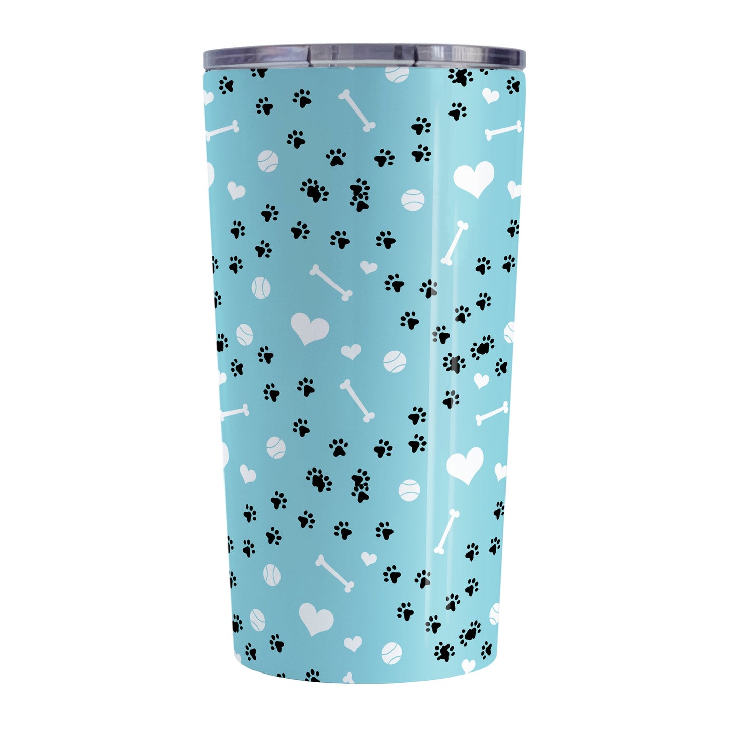 Puppy Run Blue Dog Tumbler Cup (20oz) at Amy's Coffee Mugs. A stainless steel insulated tumbler cup designed with a pattern of chaotic tracks of puppy paw prints running around the cup with white dog bones, playing balls, and hearts over a light blue background that wraps around the cup. This cup is perfect for people who love puppy dogs, cute paw print designs, and the color blue.
