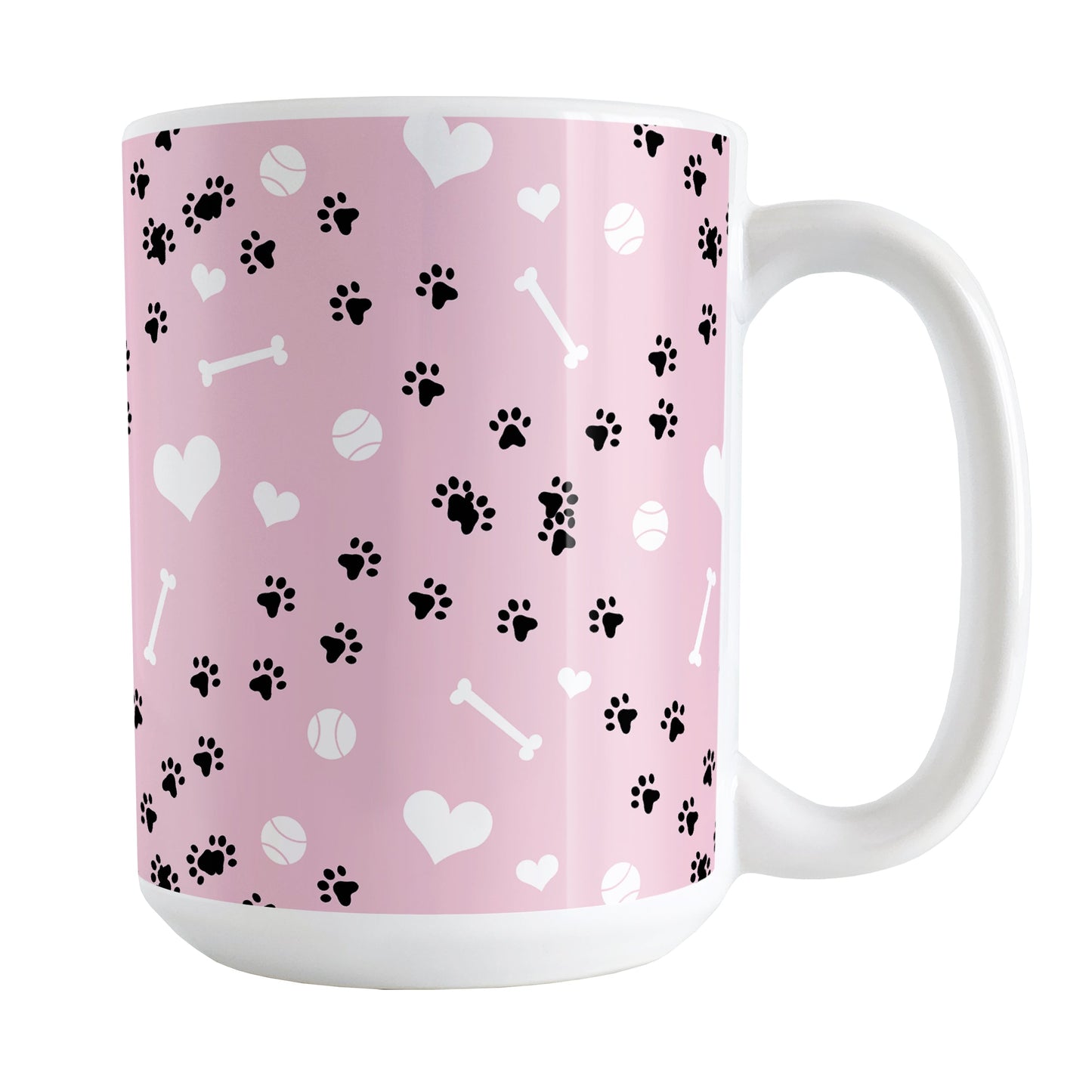 Puppy Run Pink Dog Mug (15oz) at Amy's Coffee Mugs. A ceramic coffee mug designed with a pattern of chaotic tracks of puppy paw prints running around the mug with white dog bones, balls, and hearts over a light pink background. This mug is perfect for people who love the chaotic play of puppies, love dogs, and like pink mugs.
