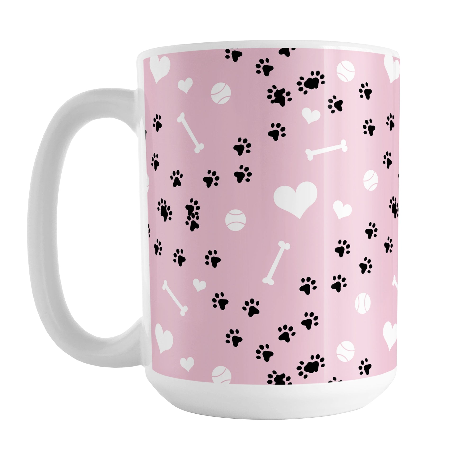 Puppy Run Pink Dog Mug (15oz) at Amy's Coffee Mugs. A ceramic coffee mug designed with a pattern of chaotic tracks of puppy paw prints running around the mug with white dog bones, balls, and hearts over a light pink background. This mug is perfect for people who love the chaotic play of puppies, love dogs, and like pink mugs.