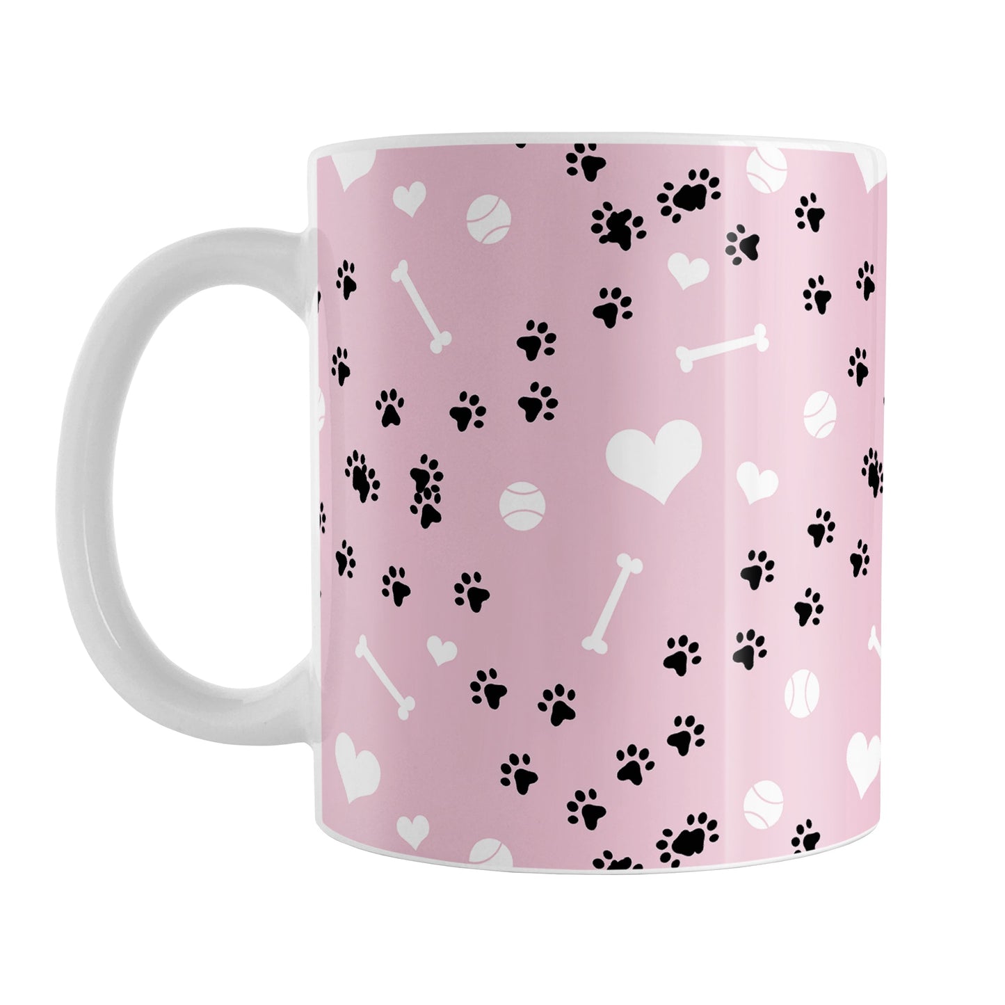 Puppy Run Pink Dog Mug (11oz) at Amy's Coffee Mugs. A ceramic coffee mug designed with a pattern of chaotic tracks of puppy paw prints running around the mug with white dog bones, balls, and hearts over a light pink background. This mug is perfect for people who love the chaotic play of puppies, love dogs, and like pink mugs.