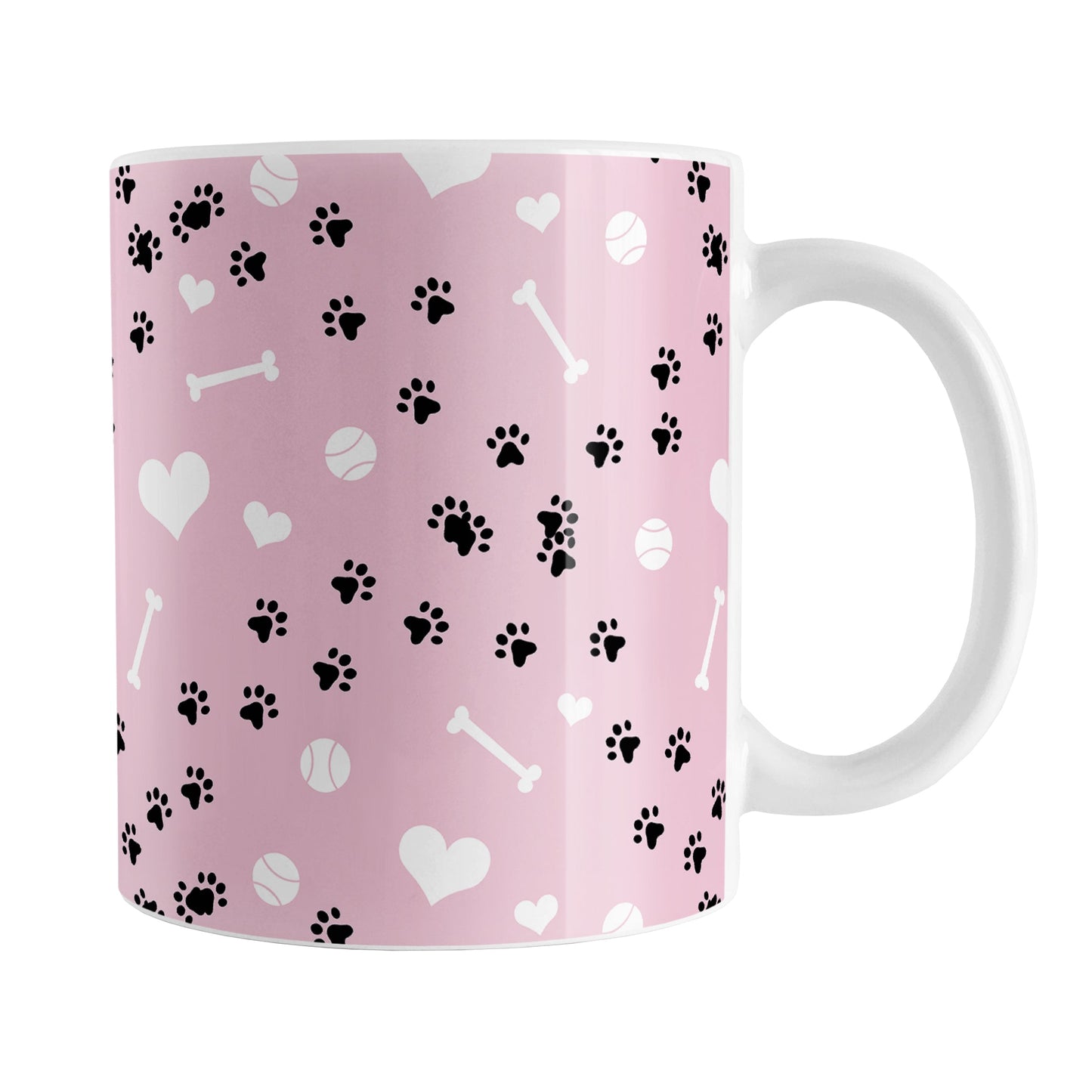 Puppy Run Pink Dog Mug (11oz) at Amy's Coffee Mugs. A ceramic coffee mug designed with a pattern of chaotic tracks of puppy paw prints running around the mug with white dog bones, balls, and hearts over a light pink background. This mug is perfect for people who love the chaotic play of puppies, love dogs, and like pink mugs.