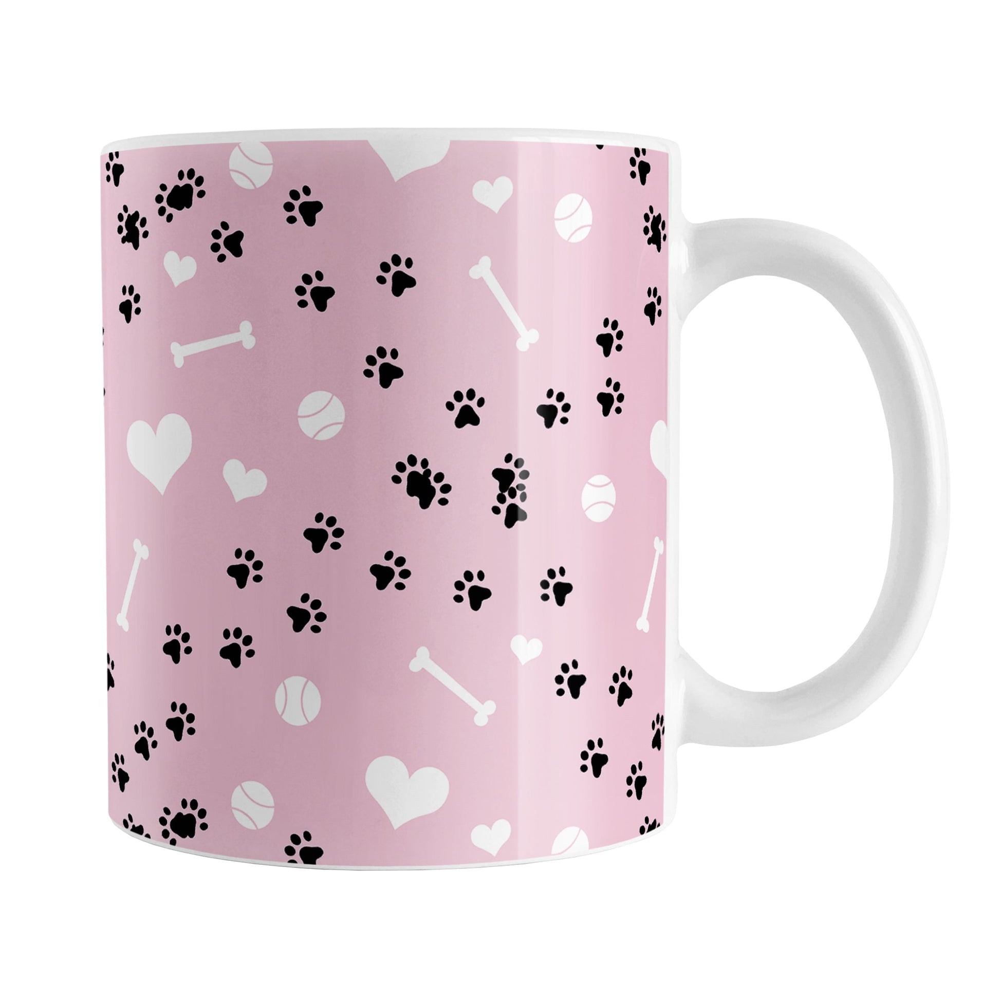 Puppy Run Pink Dog Mug (11oz) at Amy's Coffee Mugs. A ceramic coffee mug designed with a pattern of chaotic tracks of puppy paw prints running around the mug with white dog bones, balls, and hearts over a light pink background. This mug is perfect for people who love the chaotic play of puppies, love dogs, and like pink mugs.