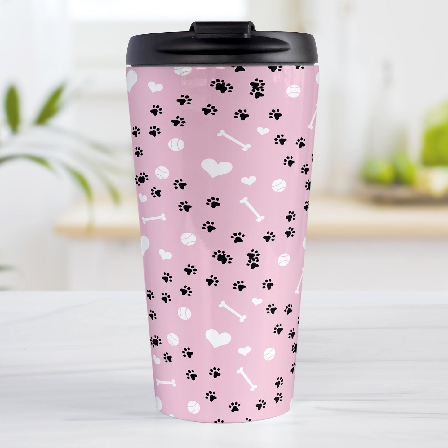 Puppy Run Pink Dog Travel Mug (15oz) at Amy's Coffee Mugs. A stainless steel travel mug designed with a pattern of chaotic tracks of puppy paw prints running around the mug with white dog bones, balls, and hearts over a light pink background. This mug is perfect for people who love the chaotic play of puppies, love dogs, and like pink travel mugs.