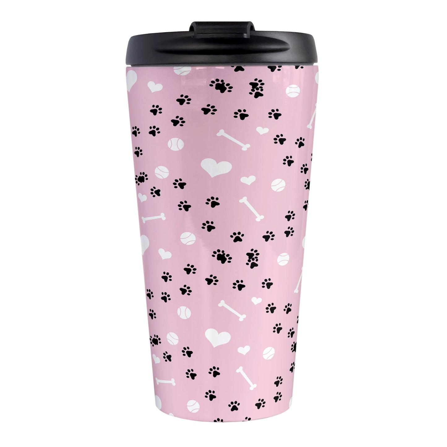 Puppy Run Pink Dog Travel Mug (15oz) at Amy's Coffee Mugs. A stainless steel travel mug designed with a pattern of chaotic tracks of puppy paw prints running around the mug with white dog bones, balls, and hearts over a light pink background. This mug is perfect for people who love the chaotic play of puppies, love dogs, and like pink travel mugs.
