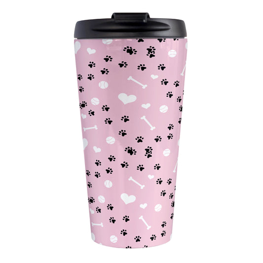 Puppy Run Pink Dog Travel Mug (15oz) at Amy's Coffee Mugs. A stainless steel travel mug designed with a pattern of chaotic tracks of puppy paw prints running around the mug with white dog bones, balls, and hearts over a light pink background. This mug is perfect for people who love the chaotic play of puppies, love dogs, and like pink travel mugs.