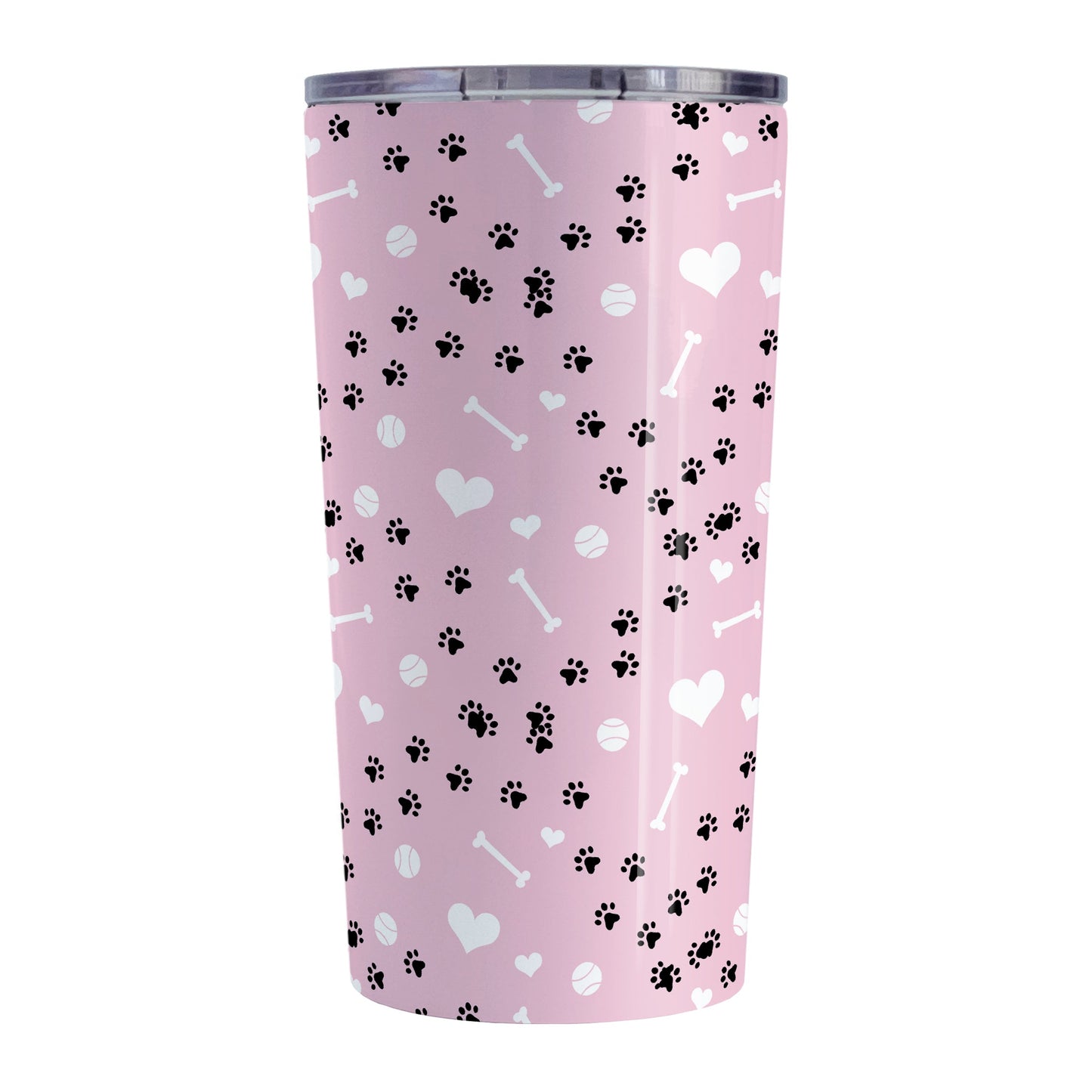 Puppy Run Pink Dog Tumbler Cup (20oz) at Amy's Coffee Mugs. A stainless steel insulated tumbler cup designed with a pattern of chaotic tracks of puppy paw prints running around the cup with white dog bones, playing balls, and hearts over a light pink background that wraps around the cup. This cup is perfect for people who love puppy dogs, cute paw print designs, and the color pink.