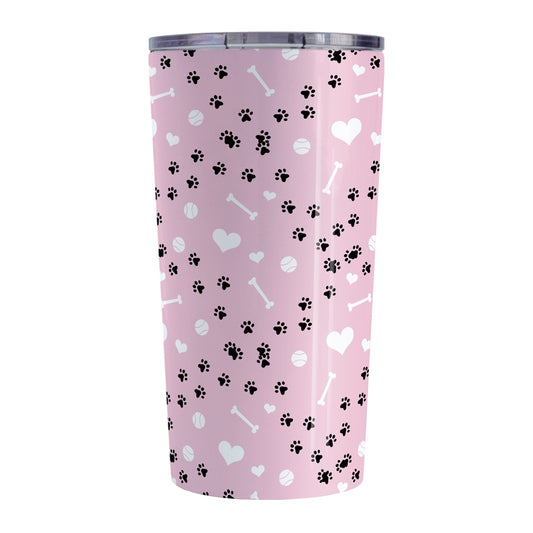 Puppy Run Pink Dog Tumbler Cup (20oz) at Amy's Coffee Mugs. A stainless steel insulated tumbler cup designed with a pattern of chaotic tracks of puppy paw prints running around the cup with white dog bones, playing balls, and hearts over a light pink background that wraps around the cup. This cup is perfect for people who love puppy dogs, cute paw print designs, and the color pink.