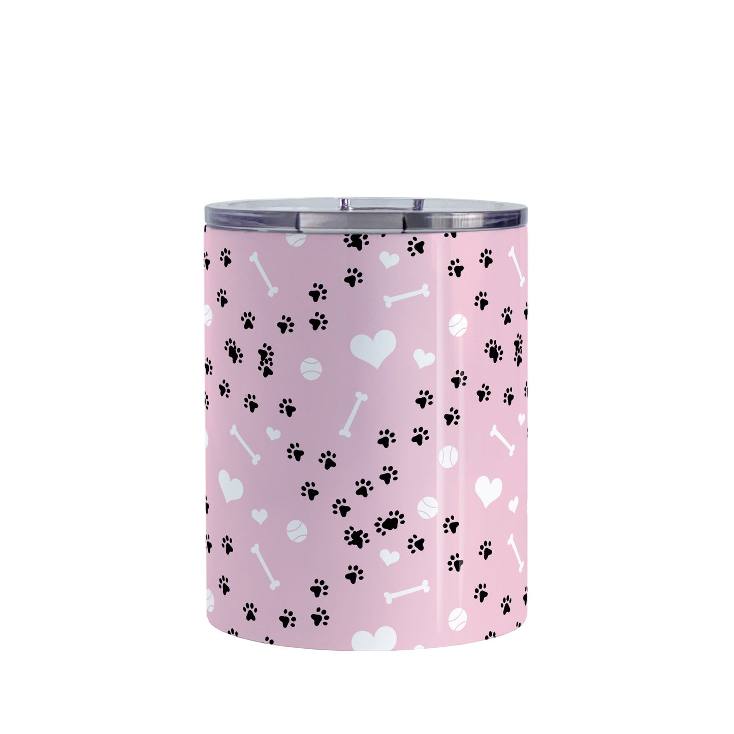 Puppy Run Pink Dog Tumbler Cup (10oz) at Amy's Coffee Mugs. A stainless steel insulated tumbler cup designed with a pattern of chaotic tracks of puppy paw prints running around the cup with white dog bones, playing balls, and hearts over a light pink background that wraps around the cup. This cup is perfect for people who love puppy dogs, cute paw print designs, and the color pink.