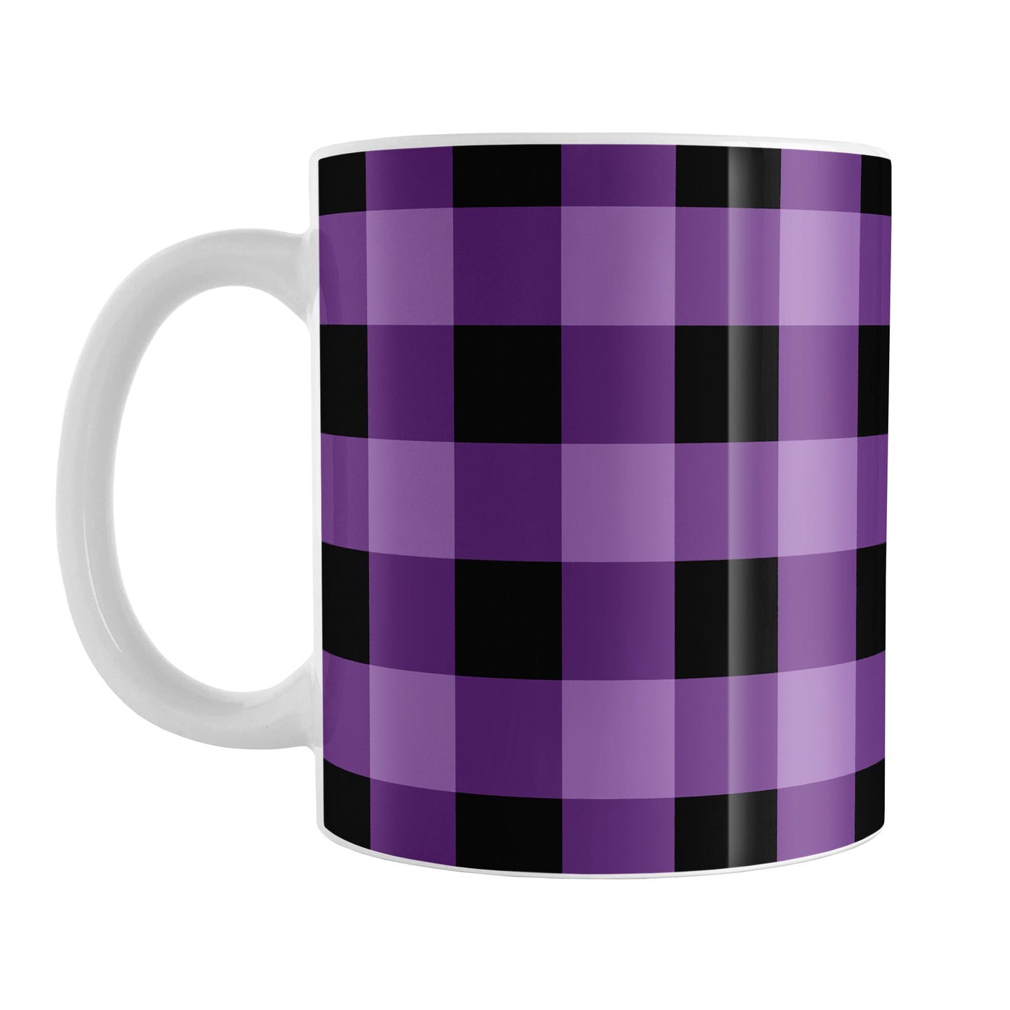 Purple and Black Buffalo Plaid Mug (11oz) at Amy's Coffee Mugs. A ceramic coffee mug designed with a purple and black buffalo plaid (buffalo check) pattern that wraps around the mug up to the handle.
