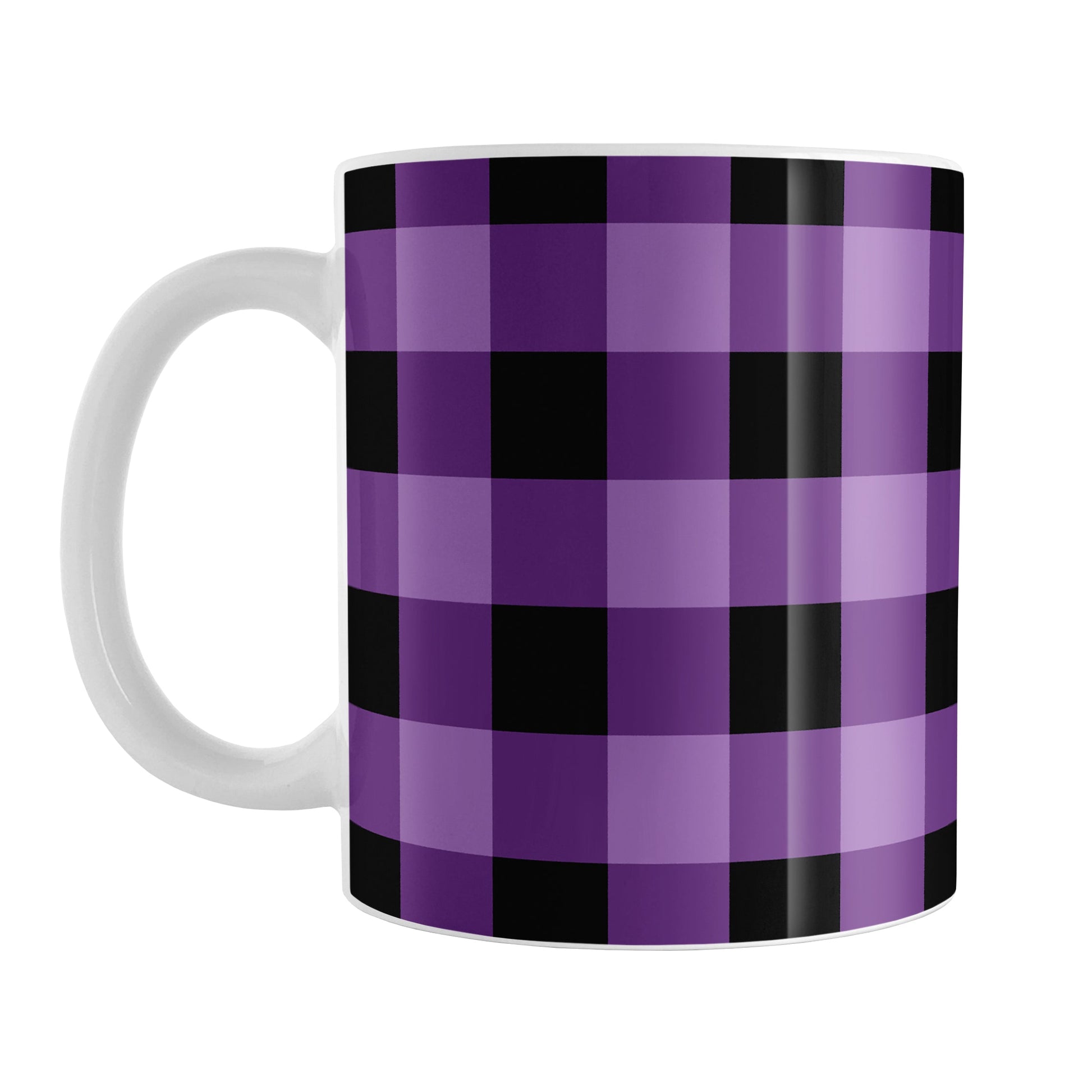 Purple and Black Buffalo Plaid Mug (11oz) at Amy's Coffee Mugs. A ceramic coffee mug designed with a purple and black buffalo plaid (buffalo check) pattern that wraps around the mug up to the handle.