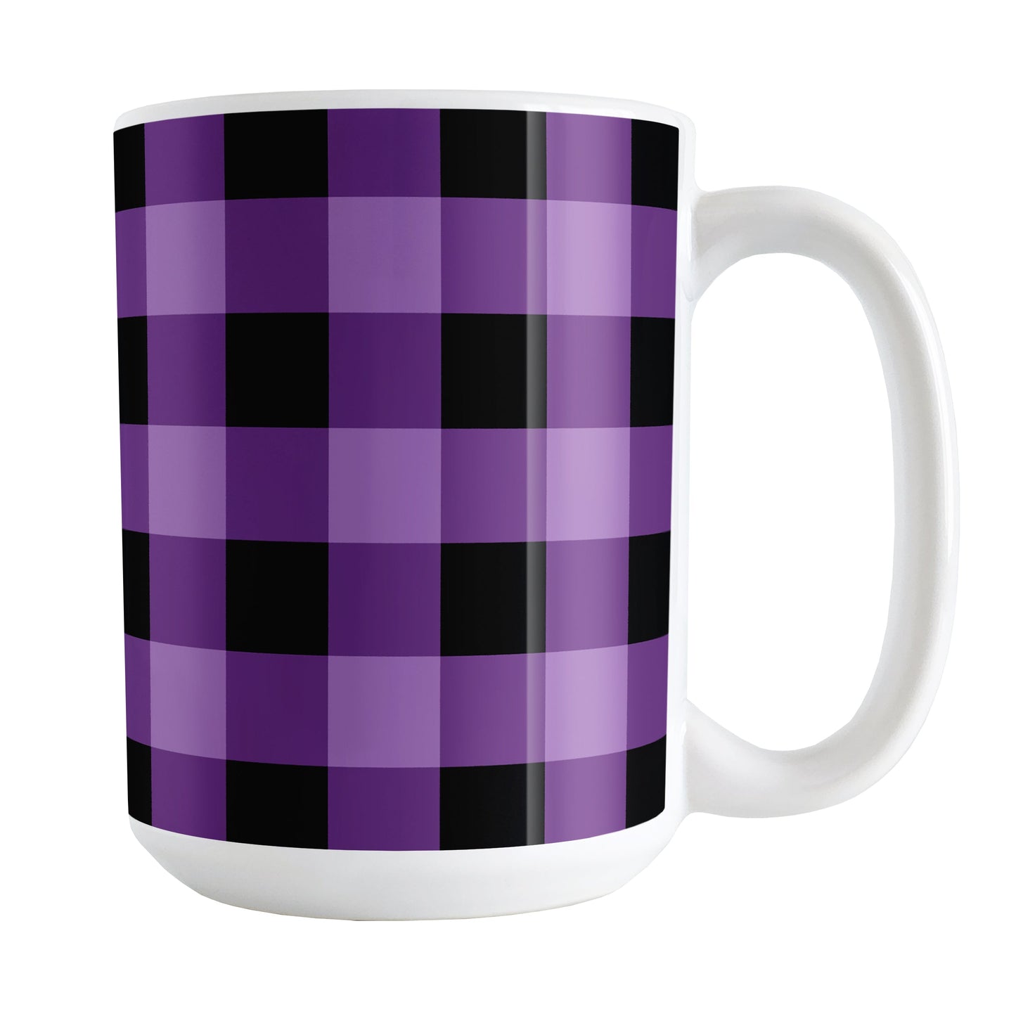 Purple and Black Buffalo Plaid Mug (15oz) at Amy's Coffee Mugs. A ceramic coffee mug designed with a purple and black buffalo plaid (buffalo check) pattern that wraps around the mug up to the handle.