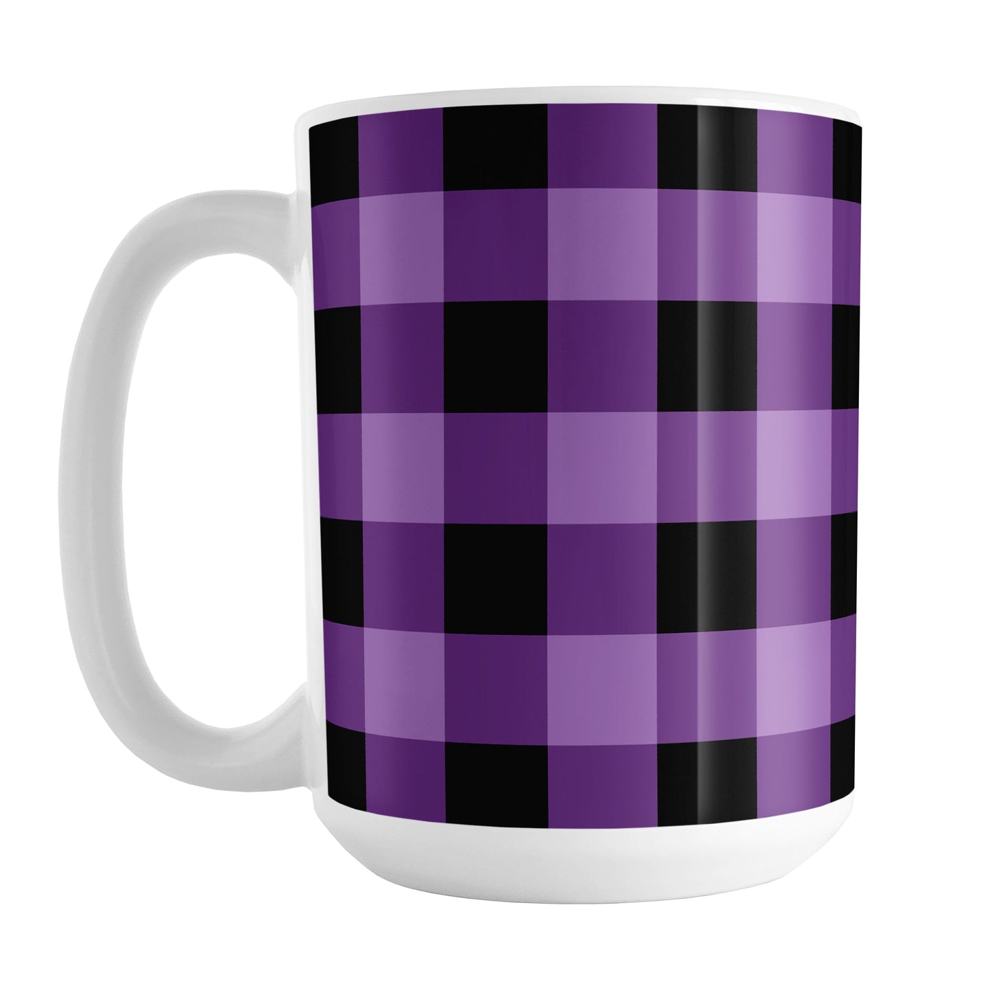Purple and Black Buffalo Plaid Mug (15oz) at Amy's Coffee Mugs. A ceramic coffee mug designed with a purple and black buffalo plaid (buffalo check) pattern that wraps around the mug up to the handle.