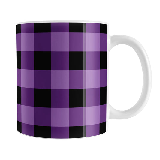 Purple and Black Buffalo Plaid Mug (11oz) at Amy's Coffee Mugs. A ceramic coffee mug designed with a purple and black buffalo plaid (buffalo check) pattern that wraps around the mug up to the handle.