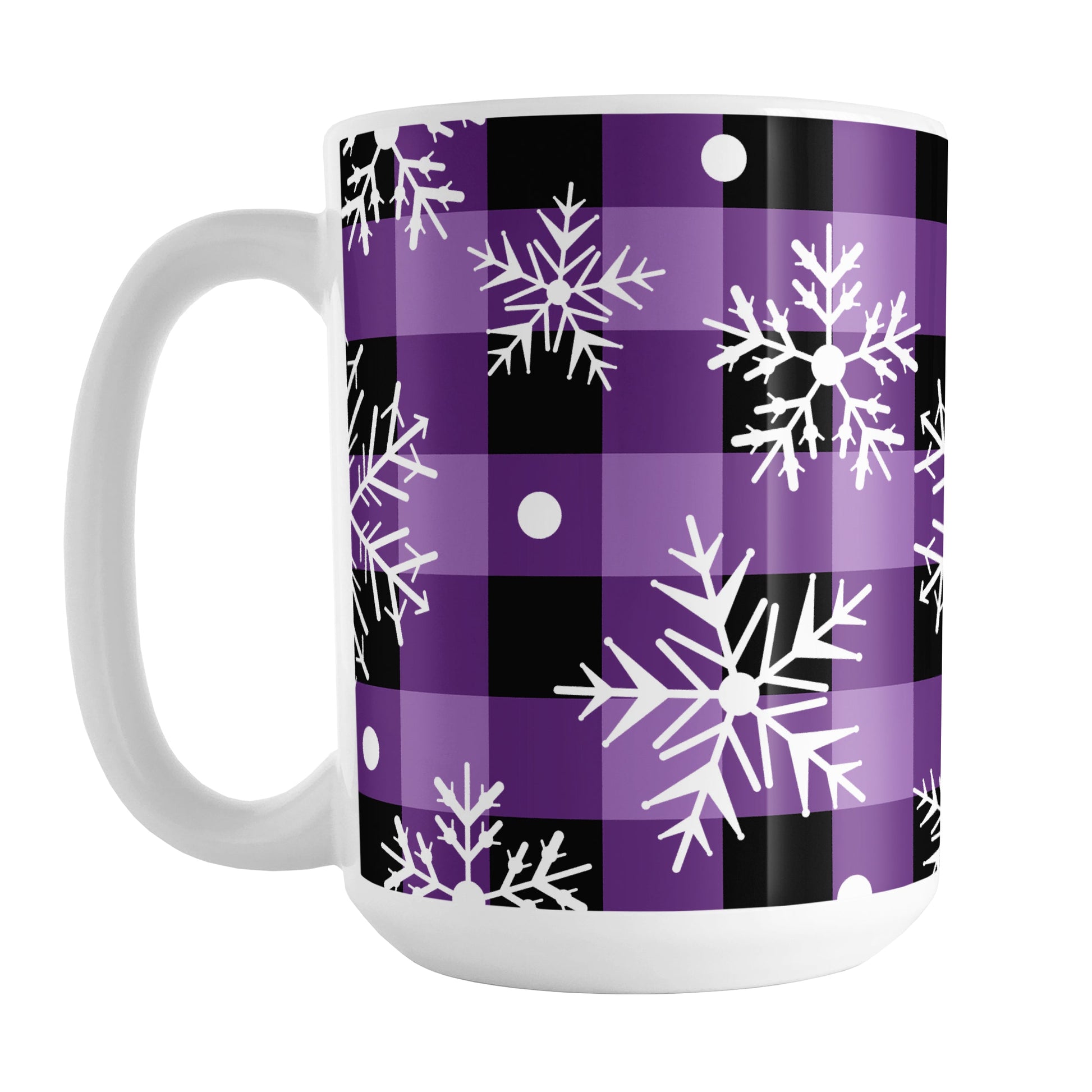 Purple and Black Buffalo Plaid Snowflake Mug (15oz) at Amy's Coffee Mugs. A ceramic coffee mug designed with white snowflakes over a purple and black buffalo plaid (buffalo check) pattern that wraps around the mug up to the handle.