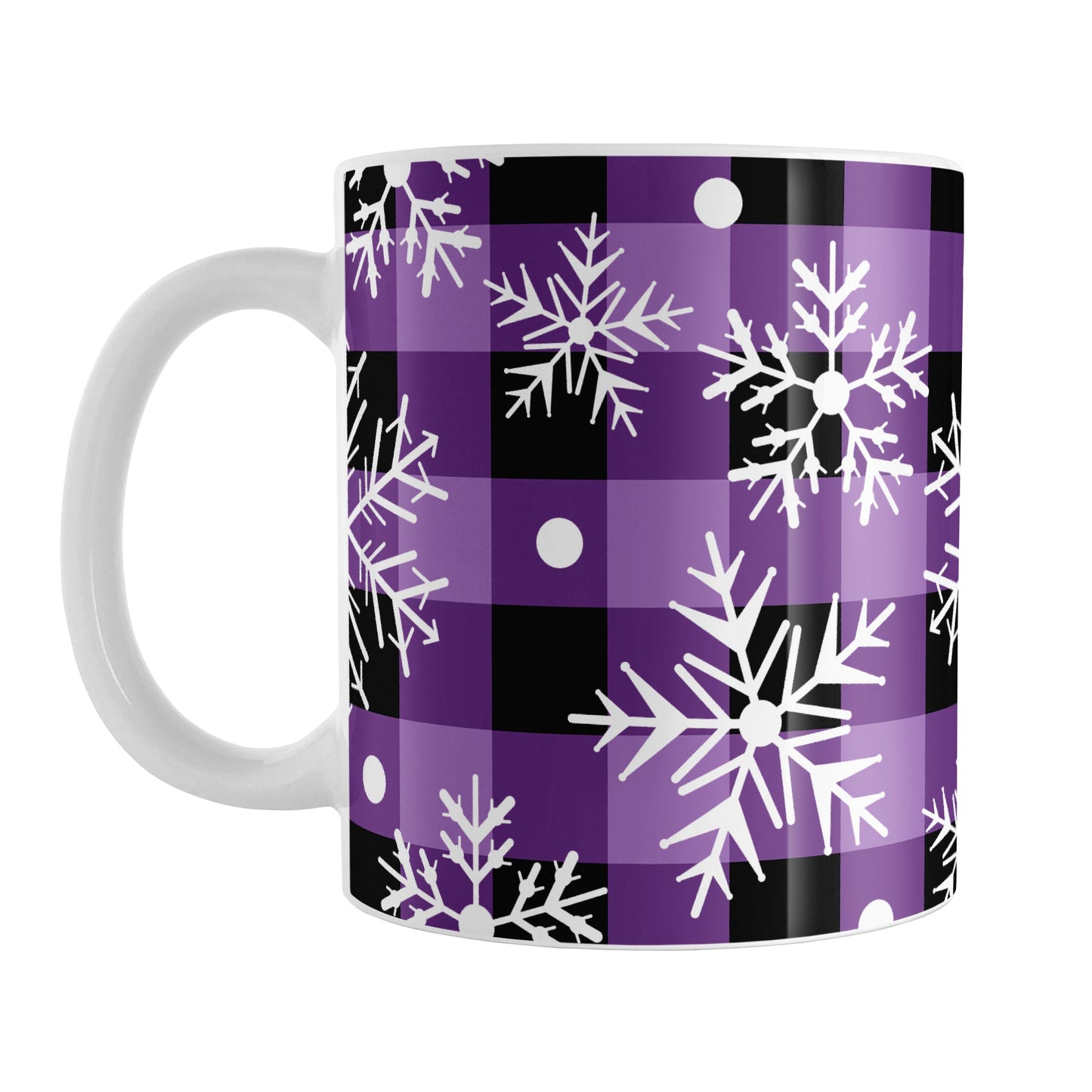 Purple and Black Buffalo Plaid Snowflake Mug (11oz) at Amy's Coffee Mugs. A ceramic coffee mug designed with white snowflakes over a purple and black buffalo plaid (buffalo check) pattern that wraps around the mug up to the handle.