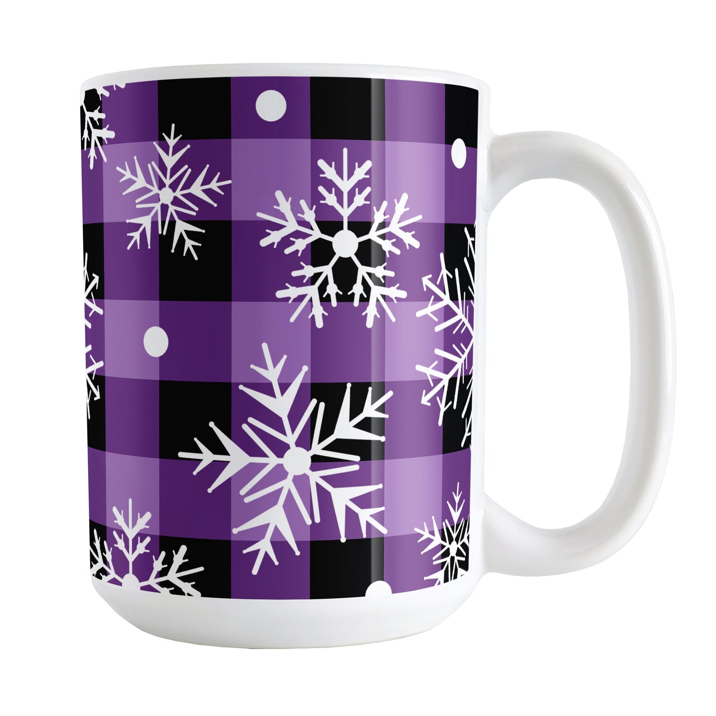 Purple and Black Buffalo Plaid Snowflake Mug (15oz) at Amy's Coffee Mugs. A ceramic coffee mug designed with white snowflakes over a purple and black buffalo plaid (buffalo check) pattern that wraps around the mug up to the handle.