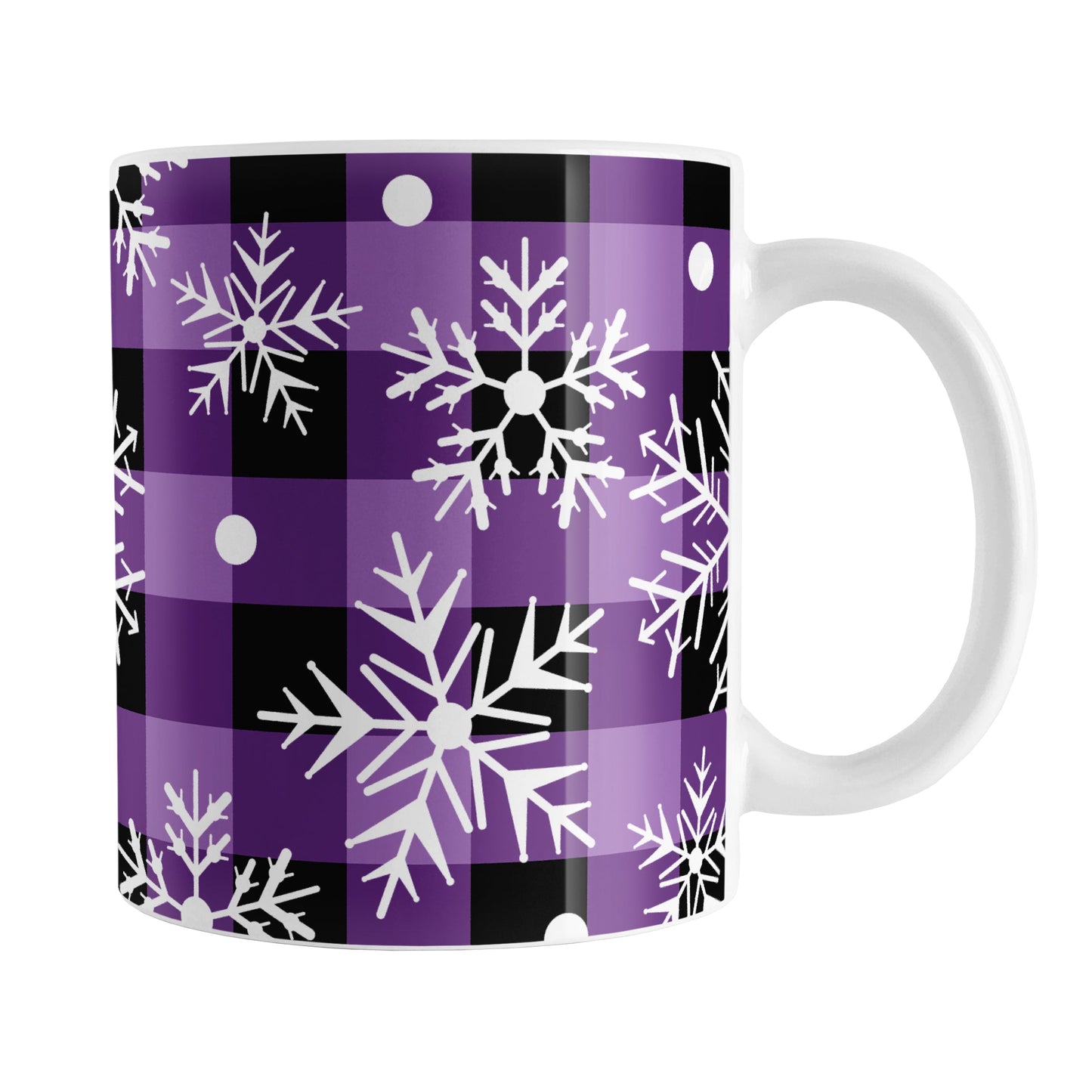 Purple and Black Buffalo Plaid Snowflake Mug (11oz) at Amy's Coffee Mugs. A ceramic coffee mug designed with white snowflakes over a purple and black buffalo plaid (buffalo check) pattern that wraps around the mug up to the handle.