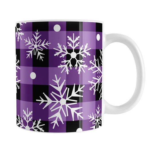 Purple and Black Buffalo Plaid Snowflake Mug (11oz) at Amy's Coffee Mugs. A ceramic coffee mug designed with white snowflakes over a purple and black buffalo plaid (buffalo check) pattern that wraps around the mug up to the handle.
