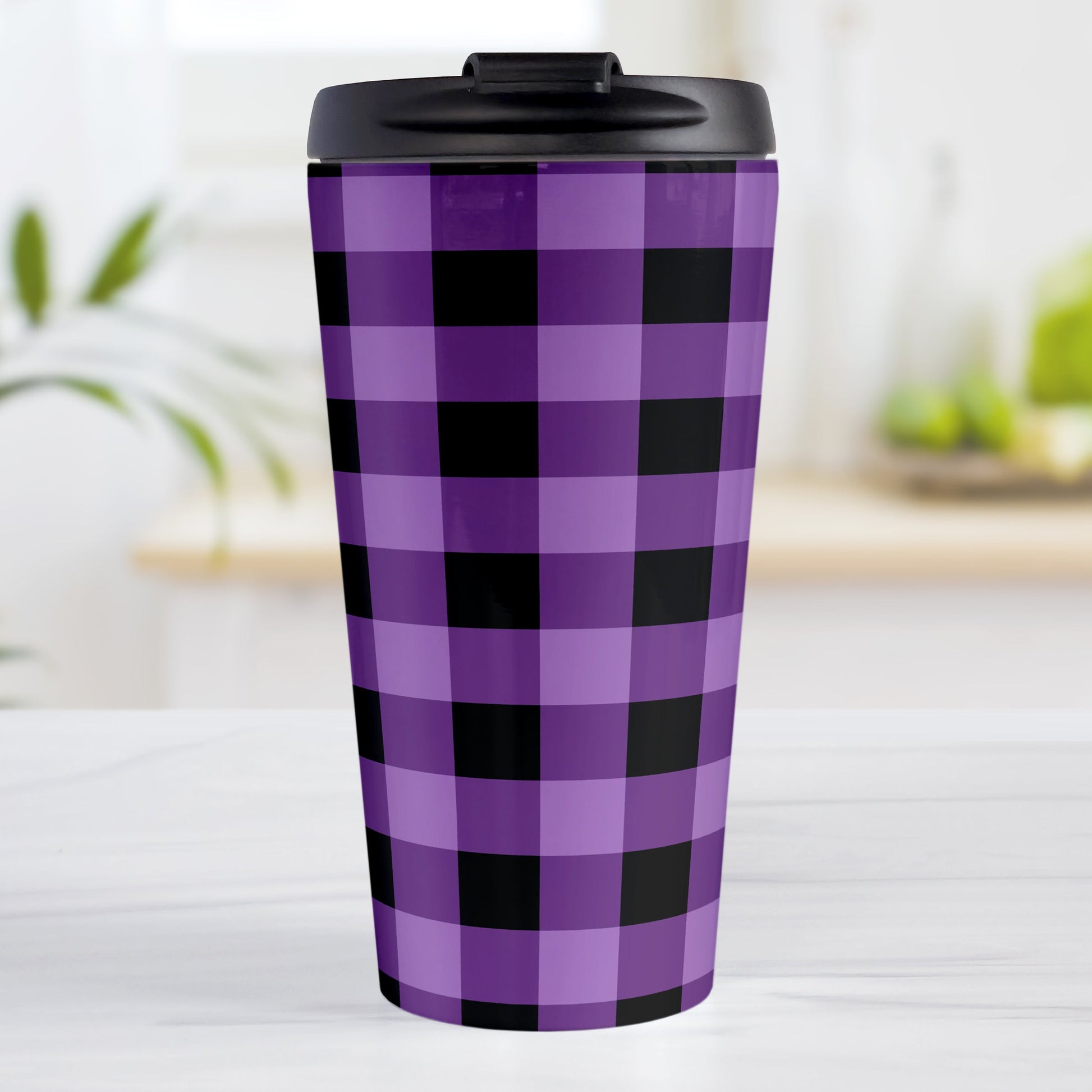 Purple and Black Buffalo Plaid Travel Mug (15oz, stainless steel insulated) at Amy's Coffee Mugs. A travel mug designed with a purple and black buffalo plaid (buffalo check) pattern that wraps around the mug.