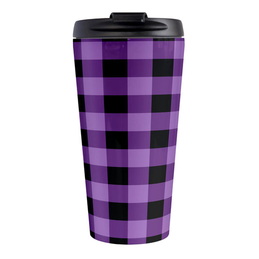 Purple and Black Buffalo Plaid Travel Mug (15oz, stainless steel insulated) at Amy's Coffee Mugs. A travel mug designed with a purple and black buffalo plaid (buffalo check) pattern that wraps around the mug.