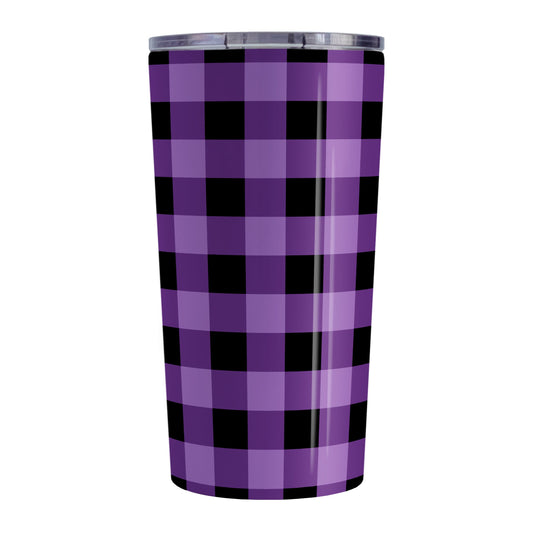 Purple and Black Buffalo Plaid Tumbler Cup (20oz, stainless steel insulated) at Amy's Coffee Mugs. A tumbler cup designed with a purple and black buffalo plaid (buffalo check) pattern that wraps around the cup.