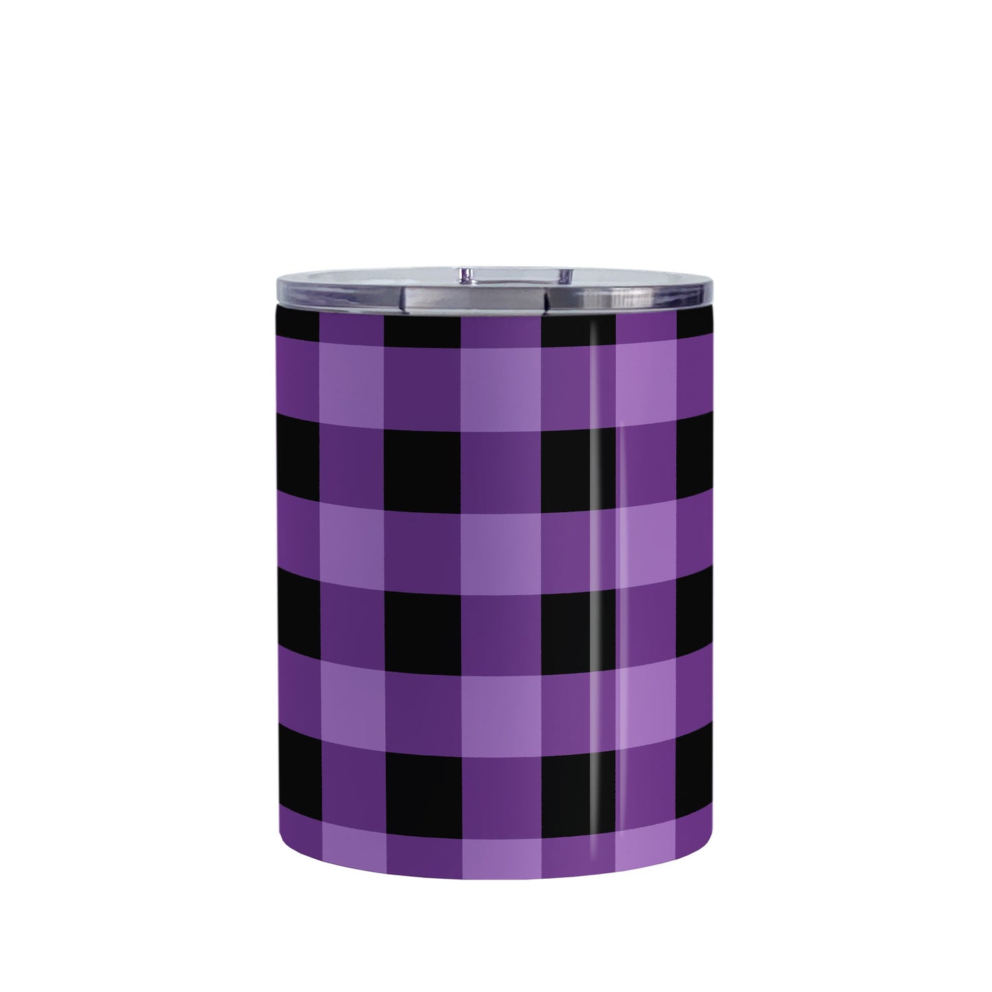 Purple and Black Buffalo Plaid Tumbler Cup (10oz, stainless steel insulated) at Amy's Coffee Mugs. A tumbler cup designed with a purple and black buffalo plaid (buffalo check) pattern that wraps around the cup.