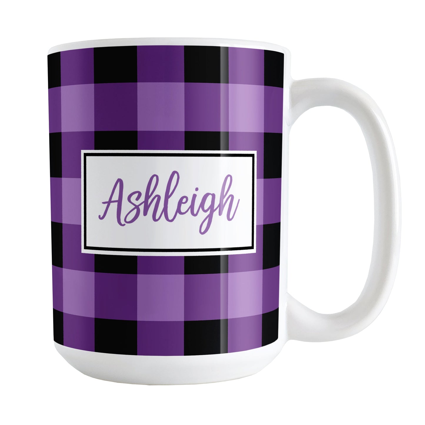 Purple and Black Personalized Name Buffalo Plaid Mug (15oz) at Amy's Coffee Mugs. A ceramic coffee mug designed with a purple and black buffalo plaid (buffalo check) pattern that wraps around the mug up to the handle. Your name is printed in a purple script font in a white frame design on both sides of the mug over the buffalo plaid background.