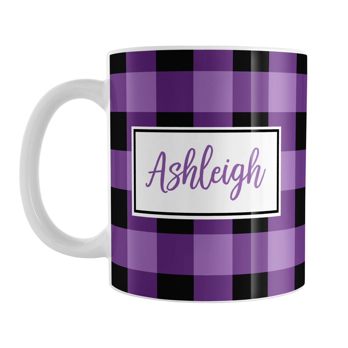 Purple and Black Personalized Name Buffalo Plaid Mug (11oz) at Amy's Coffee Mugs. A ceramic coffee mug designed with a purple and black buffalo plaid (buffalo check) pattern that wraps around the mug up to the handle. Your name is printed in a purple script font in a white frame design on both sides of the mug over the buffalo plaid background.