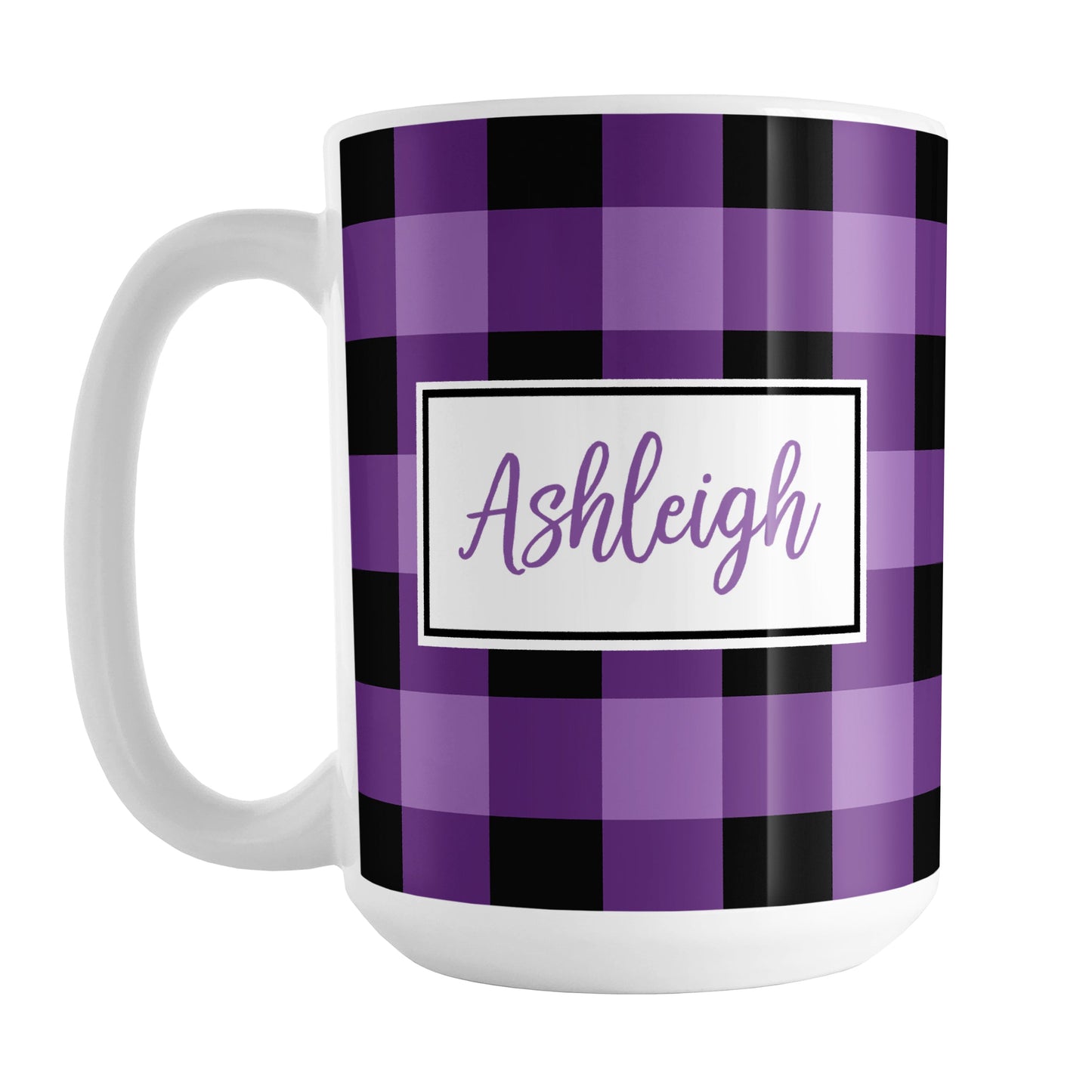 Purple and Black Personalized Name Buffalo Plaid Mug (15oz) at Amy's Coffee Mugs. A ceramic coffee mug designed with a purple and black buffalo plaid (buffalo check) pattern that wraps around the mug up to the handle. Your name is printed in a purple script font in a white frame design on both sides of the mug over the buffalo plaid background.