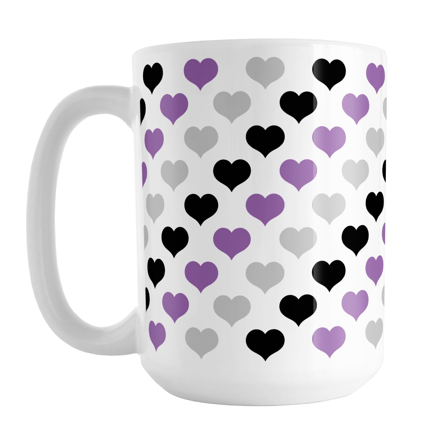 Purple Black Gray Hearts Pattern Mug (15oz) at Amy's Coffee Mugs. A ceramic coffee mug designed with a pattern of hearts in black, purple, and gray that wraps around the mug up to the handle.