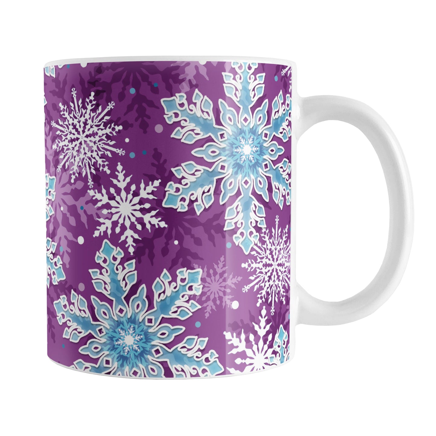 Purple Blue Snowflake Pattern Winter Mug (11oz) at Amy's Coffee Mugs. A ceramic coffee mug designed with a pattern of blue and white snowflakes over a purple background color that wraps around the mug up to the handle.