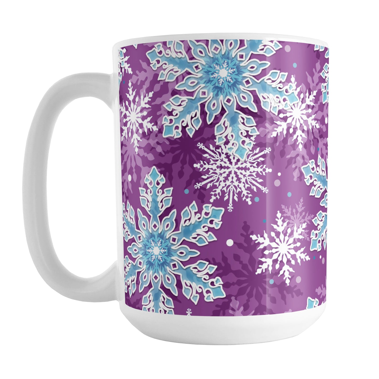 Purple Blue Snowflake Pattern Winter Mug (15oz) at Amy's Coffee Mugs. A ceramic coffee mug designed with a pattern of blue and white snowflakes over a purple background color that wraps around the mug up to the handle.