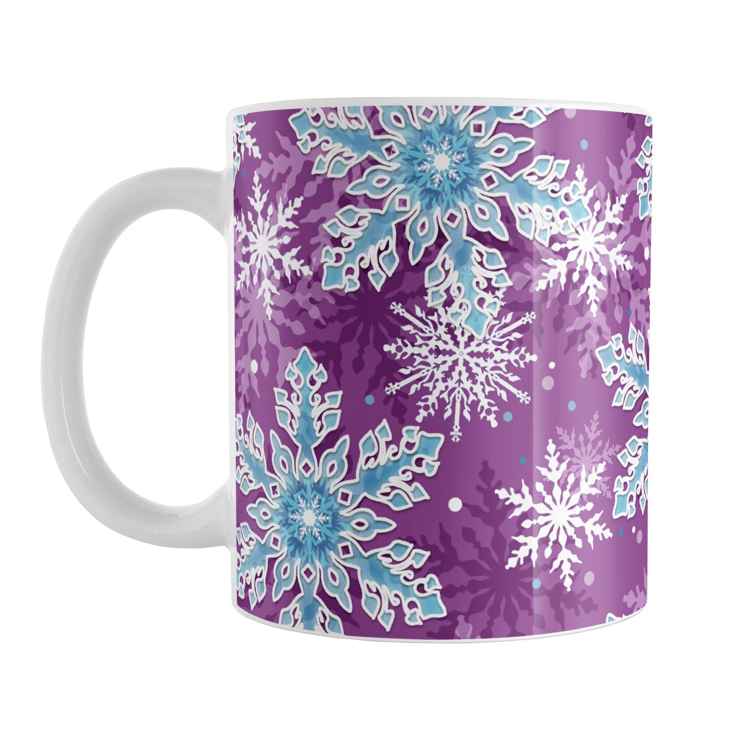 Purple Blue Snowflake Pattern Winter Mug (11oz) at Amy's Coffee Mugs. A ceramic coffee mug designed with a pattern of blue and white snowflakes over a purple background color that wraps around the mug up to the handle.