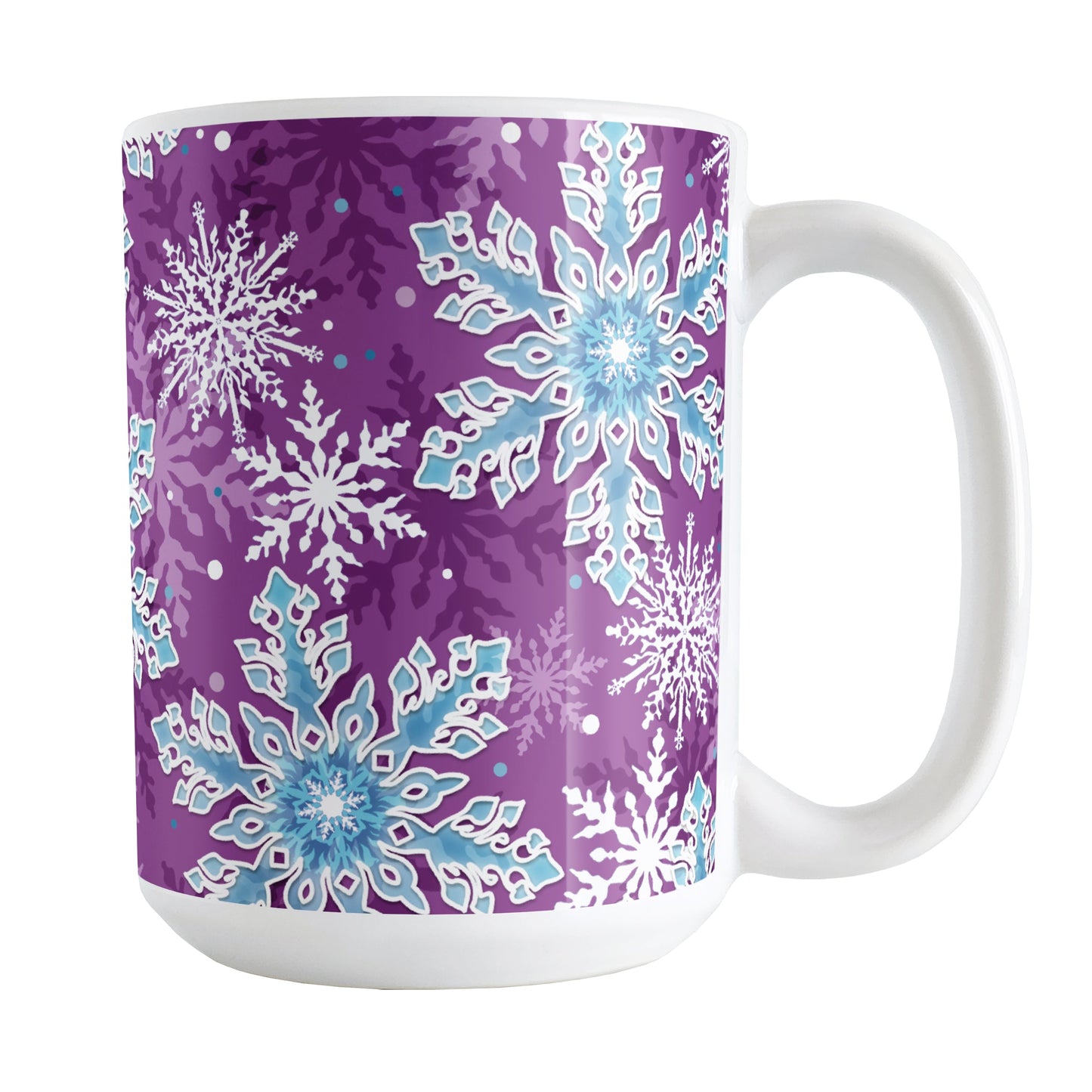 Purple Blue Snowflake Pattern Winter Mug (15oz) at Amy's Coffee Mugs. A ceramic coffee mug designed with a pattern of blue and white snowflakes over a purple background color that wraps around the mug up to the handle.