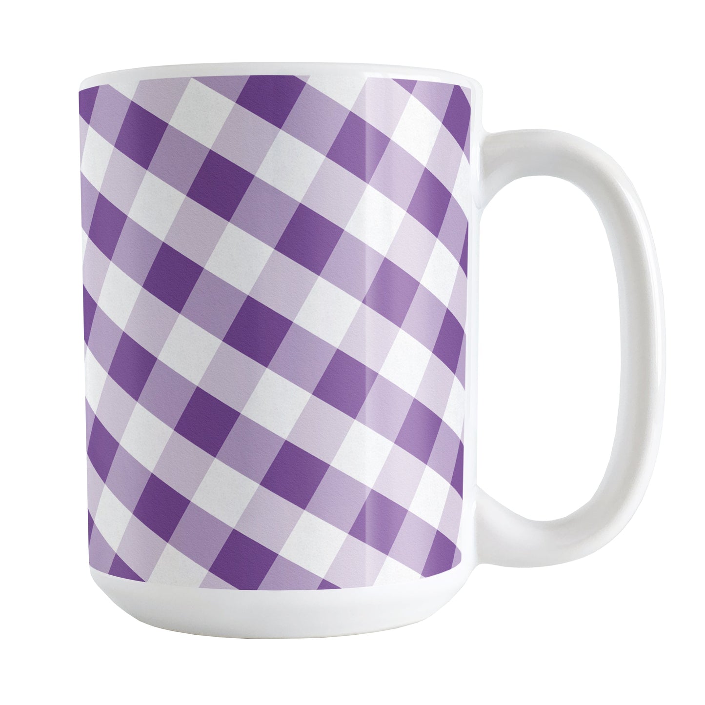 Purple Gingham Mug (15oz) at Amy's Coffee Mugs. A ceramic coffee mug designed with a slanted white and purple gingham pattern that wraps around the mug up to the handle.