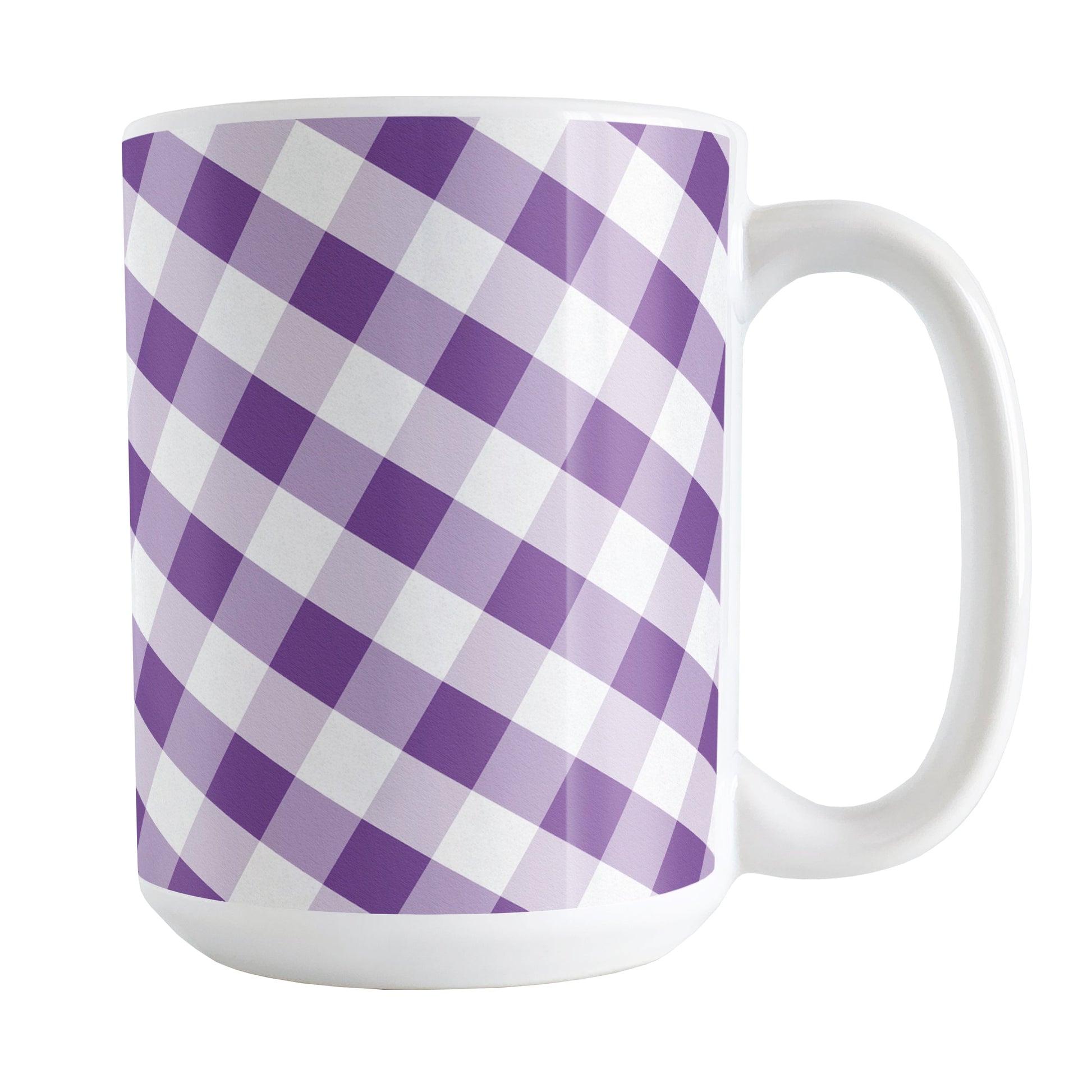 Purple Gingham Mug (15oz) at Amy's Coffee Mugs. A ceramic coffee mug designed with a slanted white and purple gingham pattern that wraps around the mug up to the handle.