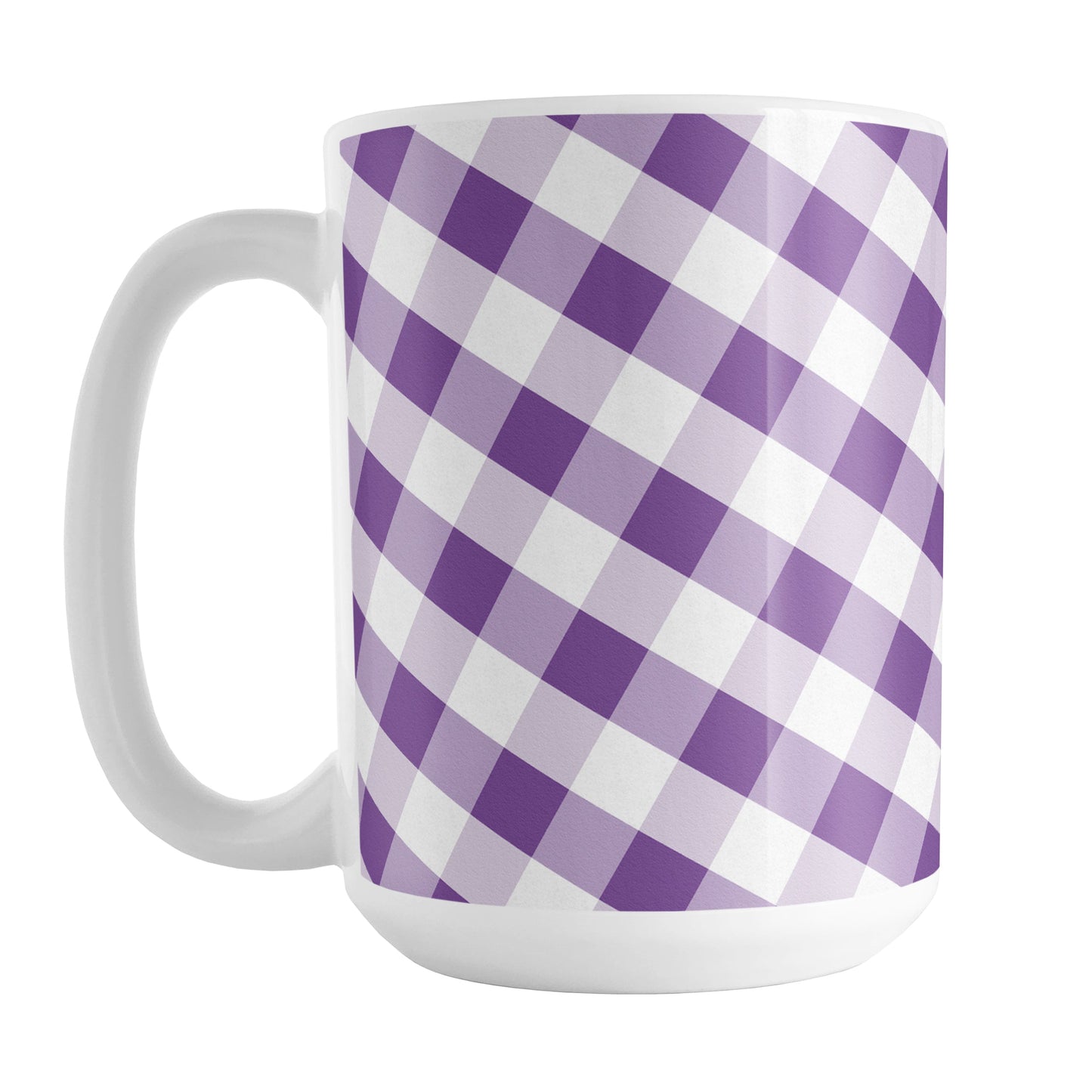 Purple Gingham Mug (15oz) at Amy's Coffee Mugs. A ceramic coffee mug designed with a slanted white and purple gingham pattern that wraps around the mug up to the handle.