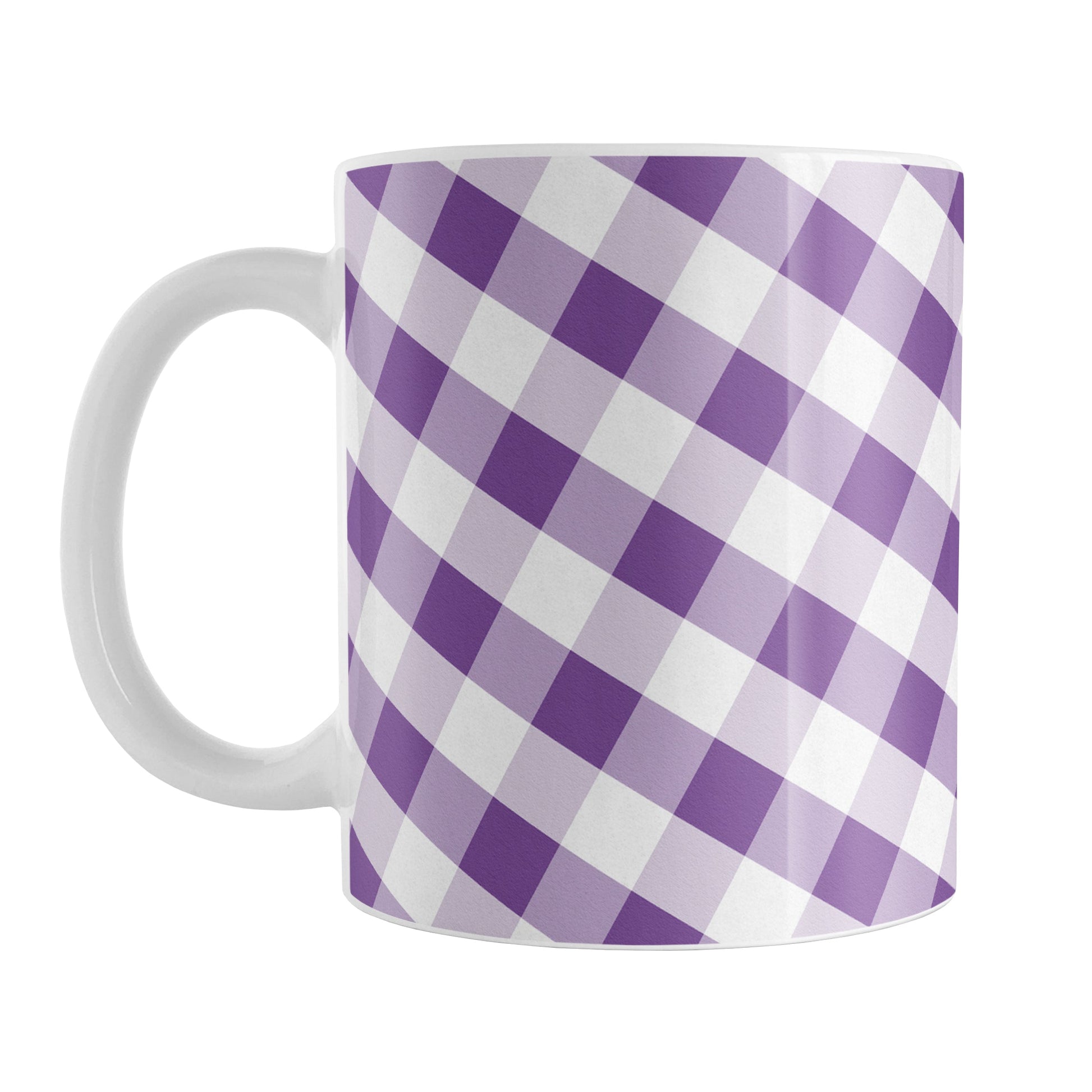 Purple Gingham Mug (11oz) at Amy's Coffee Mugs. A ceramic coffee mug designed with a slanted white and purple gingham pattern that wraps around the mug up to the handle.